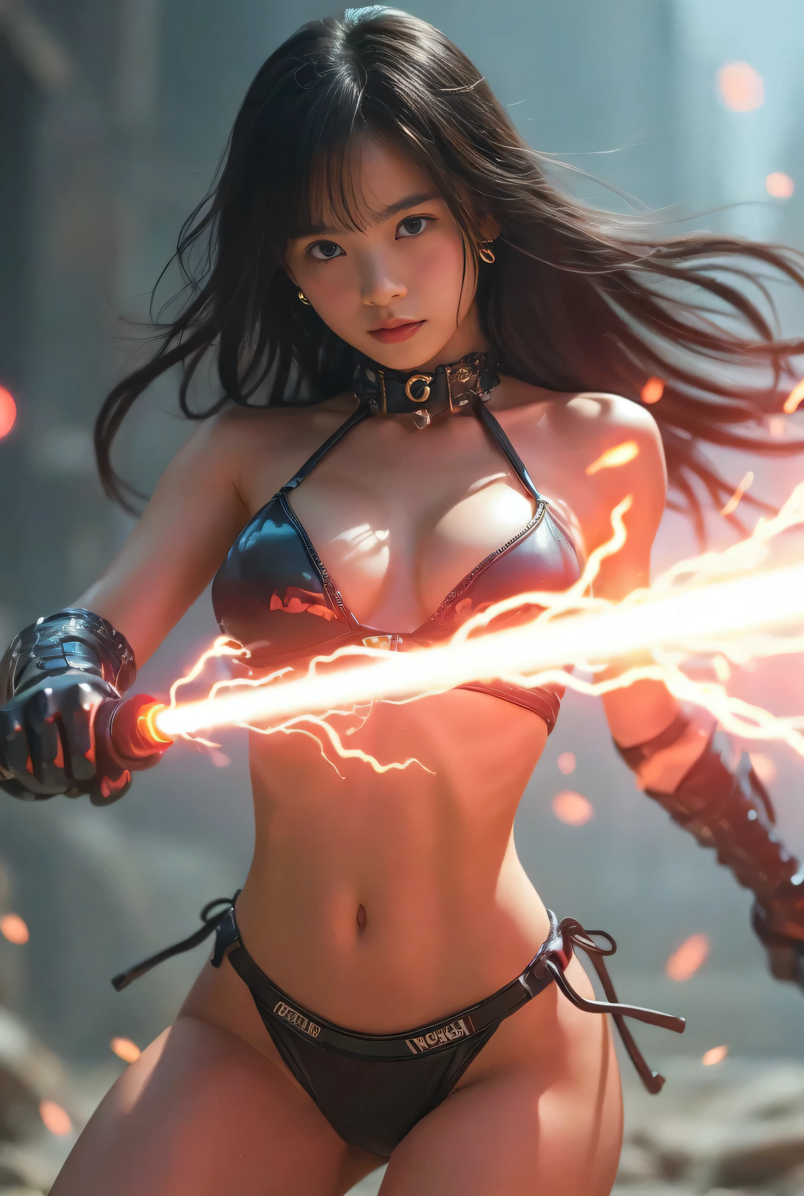 Classic Jinx from League of Legends by Riot Games: Jinx in her classic outfit, massive k-cups,a punk-inspired look with a pink and blue color scheme, wielding her massive rocket launcher, Fishbones, and her mini-gun, Pow-Pow, unleashing a barrage of rockets from Fishbones, causing explosions all around, with "Super Mega Death Rocket!" launching a massive rocket leaving a trail of destruction.