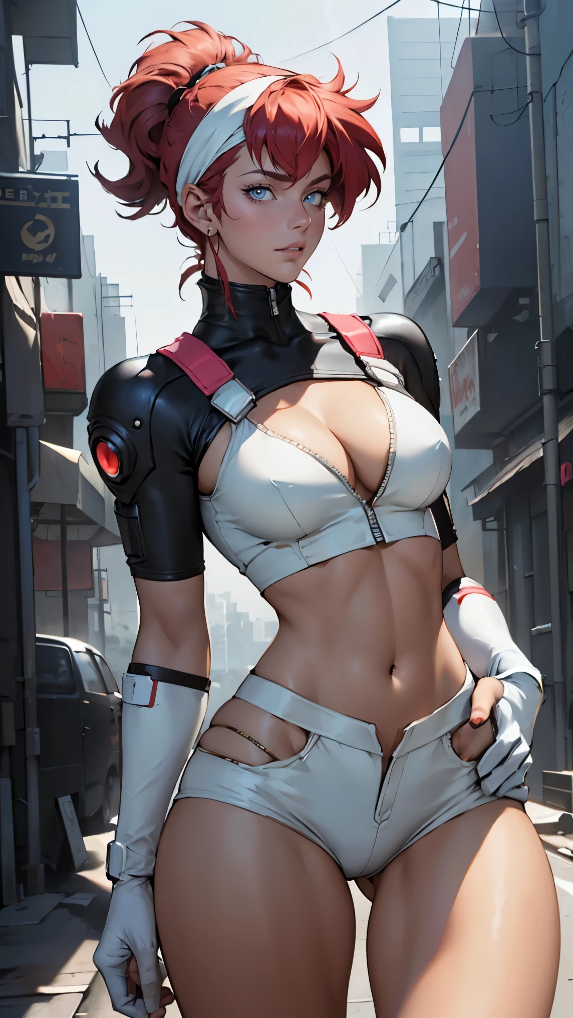 ((Masterpiece, highest quality; 1.3)), super quality, beautiful detail, super detailed, extra fine, 16K, exquisite, absurd, high resolution, beautiful background, detailed background, beautiful eyes, beautiful skin, anime style, Kay from Dirty Pair in a white outfit, tight outfit, cleavage, bushy redhead beauty, very light blue uniform, wearing tight clothes, skimpy, (mid chest: 1.2), cleavage, cleavage, slim waist , thin waist, slim thighs, thin legs, slim legs. thigh gap, showing stomach, skinny, thin hips, cyberpunk city background, holding retro space gun , headband, 