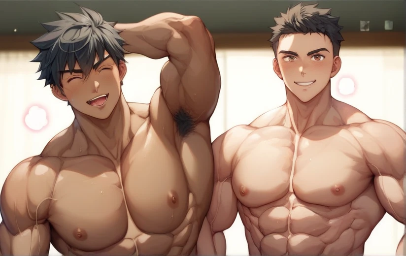 masterpiece, top quality, two  boys, gay lover, 2boy is body size comparison, huge heavy pectoral muscles over opponent, covering with huge body, {{looking down at viewer}}, muscular male, big pectoral muscles, big nipples, male, abs, grinning, NSFW, sexually suggestive, anime muscles, bulging, big pectoral muscles, bara chest, squeezing nipples, sweating, blushing, {{detailed face}}, {{high quality}}, {{detailed eyes}}, gay couple,
