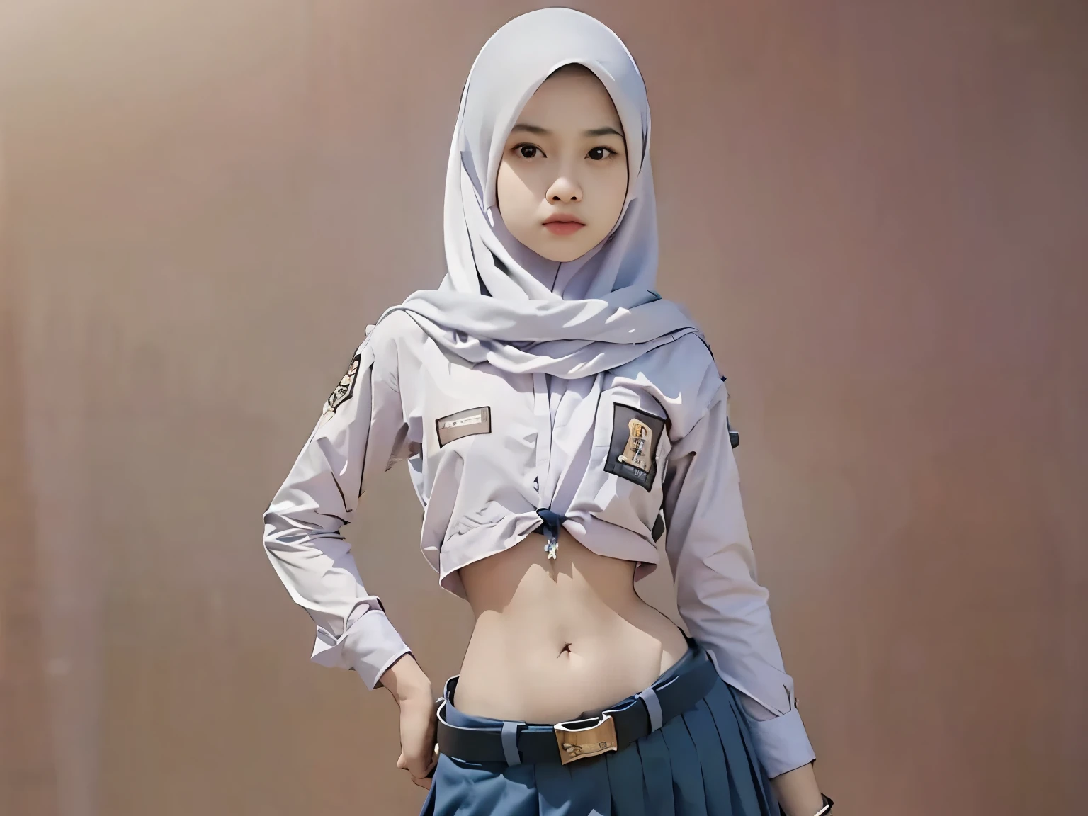 School girl gen z wearing hijab, thin face, shirt slightly exposes belly navel, skinny girl, small hip, low waist skirt, buckle belt, hands on hips, High Resolution, Accurate, Anatomically Correct, Soft light, Best Quality, UHD, Super Detailed, simple background 