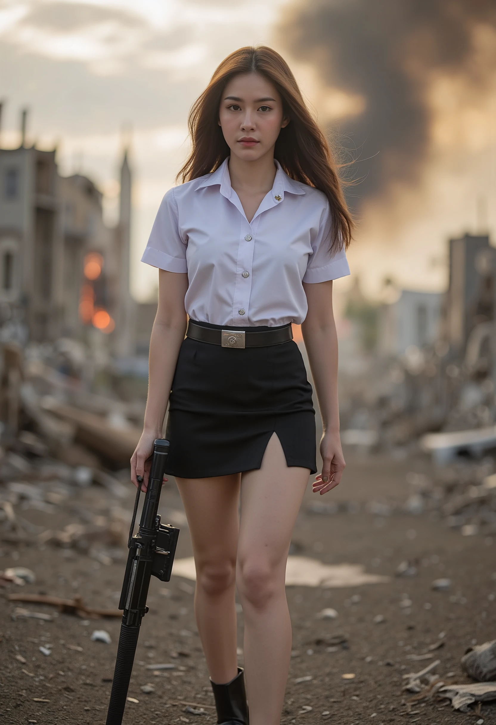 beautiful actress, wearing white shirt with mini black skirt a-shape in nisit uniform , holding riffle,walking in destroied city,fire, full body portrait, war movie footage style