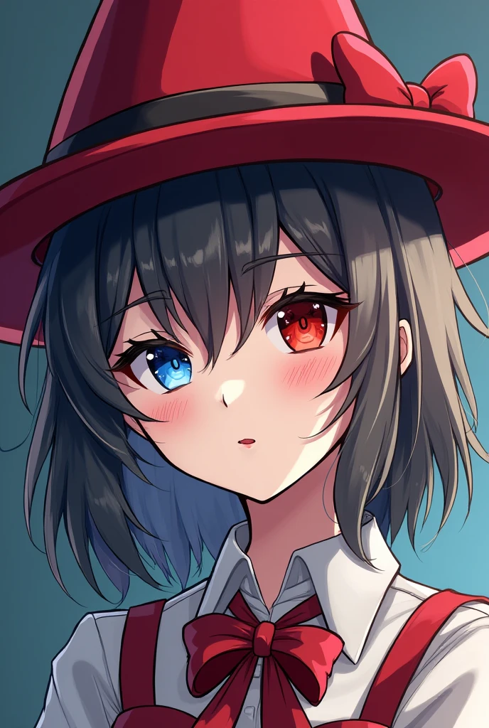 Anime Figure Substance is a woman wearing a clown hat with two eye colors, blue and red. The face outline is vv safe, can be divided into parts of the image, have a bit of sex and customize the image to make it stand out. The image must be able to be divided into parts.