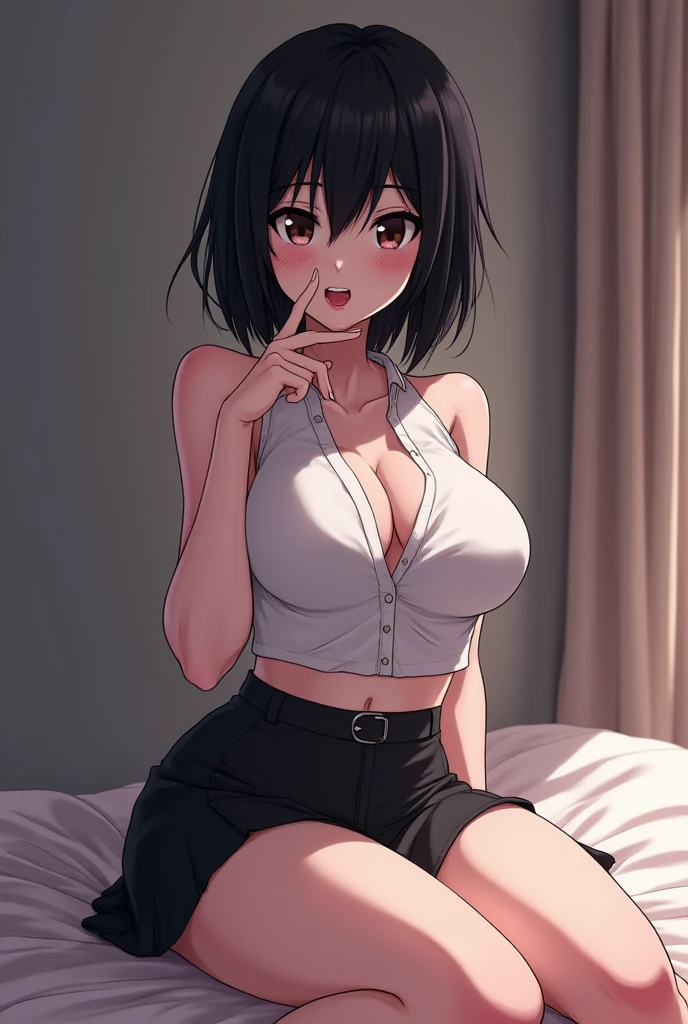 Girl kneeling while sticking out her tongue and on her tongue there is a thick , she has a face of pleasure and is blushing, she has a white shirt that is a little transparent, she has short shorts, she has short black hair, she has big breasts, thighs and butt, She is licking a man's penis