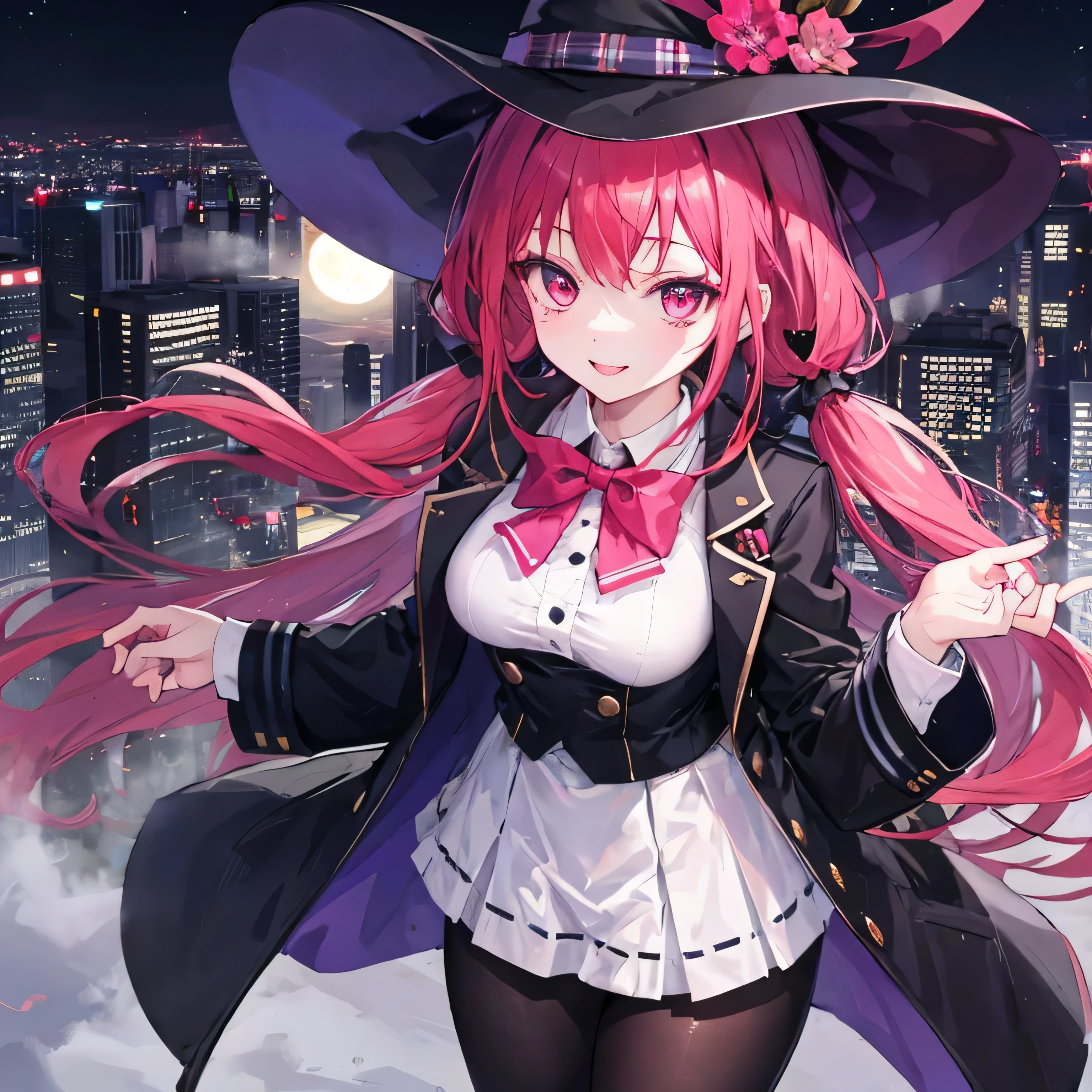 ((Masterpiece, best quality, high quality, very detailed CG uniform 8k wallpaper, very detailed, detailed background, shiny hair,)), 1girl, grin, open mouth, long red hair, red eyes, big tits, ((witch, dress, witch hat)), standing, night, full moon, moonlight, clouds, woods, fantasy