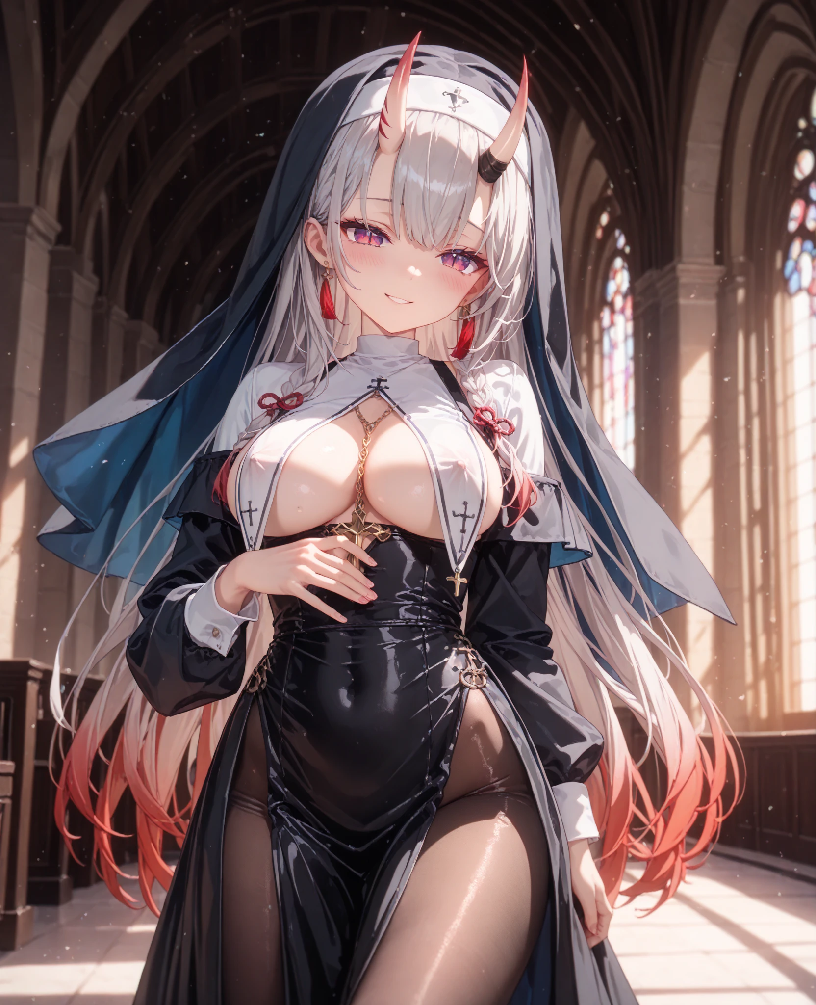 high quality, masterpiece, super detailed, bottom view,1 girl, extremely detailed faces, Wrapped in silk,White cloth gag,Kneeling on the ground,handcuffs,collar,Calm expression,Blood-red lips,Smile,handcuffs,collar,long black hair, charming pink eyes, fox ears, Ridiculously big, shiny skin, Wooden floor,church,cross
