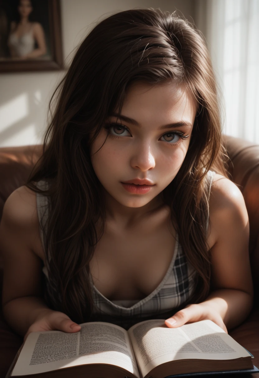 Pre-pubescent adolescent innocent young loli girl in a cute school plaid skirt and tanktop, laying on a couch, studying, twin-tailed hair style,  peek, detailed face, beautiful eyes, long eyelashes, realistic, high quality, 8k, detailed painting, vibrant colors, warm lighting, soft focus, cinematic composition, cute and adorable very young tween pre-adolescent face, Completely で are  、激Successfully、 are 、  、Beauty 、rape、Pain々Successfully、napping、Completely 、 Long Hair 、 Multiple people、Dirty body 、 is on all fours,beautiful detailed lips,extremely detailed eyes and face,longeyelashes,girl,1girl,portraits,soft colors,dramatic lighting, Pre-pubescent Very young, Ultra young girl,