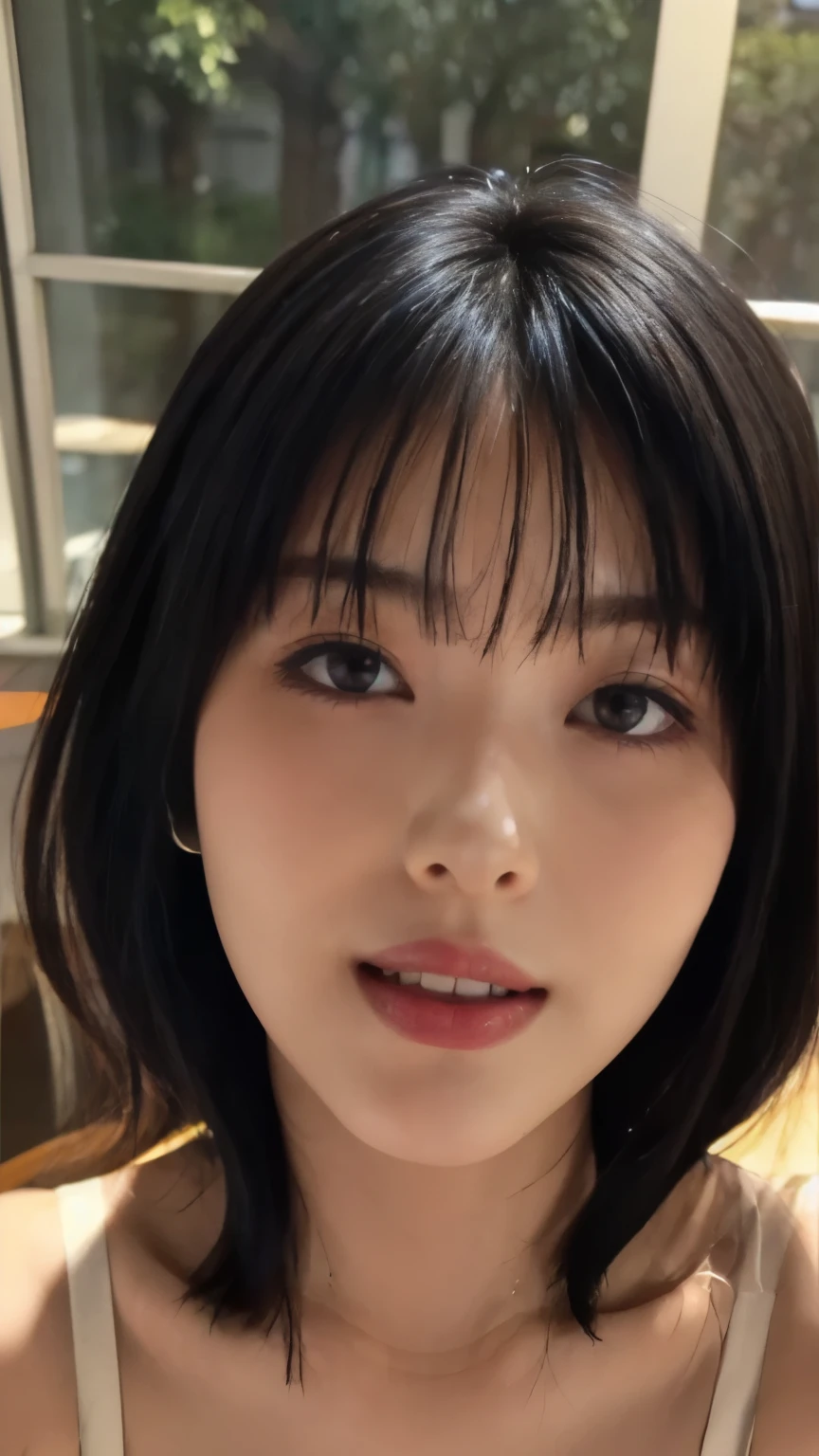 ( face :1.2、 Close to face 、 face up from the front ), (( Top Quality, 8k, Masterpiece :1.3)), sharp concentration :1.2, in、 in、 beautiful woman with perfect figure :1.4, Slim Abs :1.2, (( black bob hair, big breasts :1.0)), hotel:1.2, high-definition face and skin texture , beautiful eyes, double eyelid, smile、 正確in完璧な描写 、((Open your mouth、 shows the inside of the mouth))