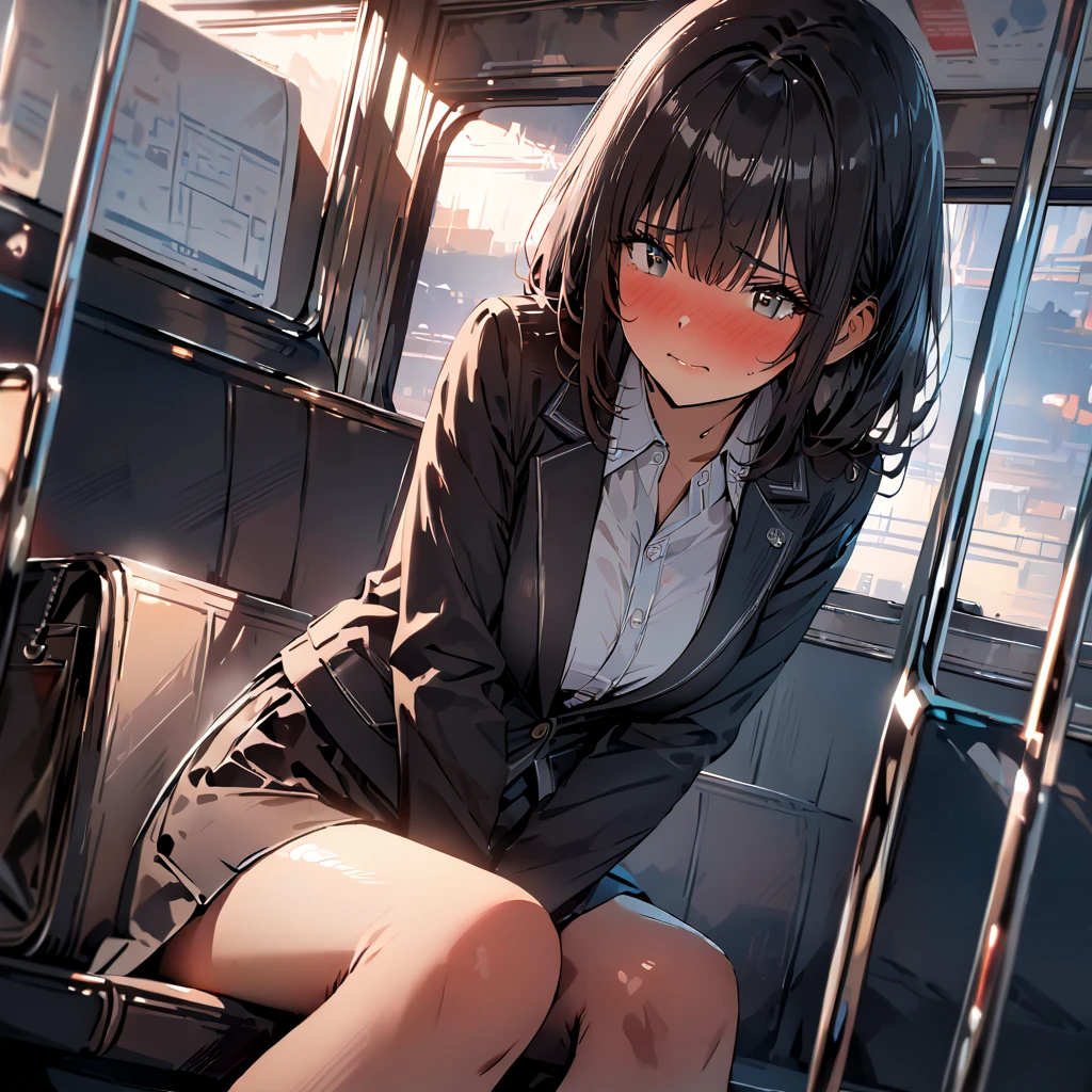 (1 person、alone), Beautiful woman, Anatomically perfect body, Slender、(stewardess、Cabin attendant), (Japan Air Line uniform、Jacket、Pencil Skirt:1.1)、(Look down:1.2), (detailed panty, Pussy juice:1.2)、20-year-old、(Highest quality)、Black Hair, (Half Up:1.1), On the plane、(8K, High resolution)、(shy:1.4)、medium breast, Thin legs、Small Ass、(steam:1.1), (embarrassed:1.3), show off nipples under shirt、sit、(knees to chest、Hugging your knees), High heels、Displeased face、from the front