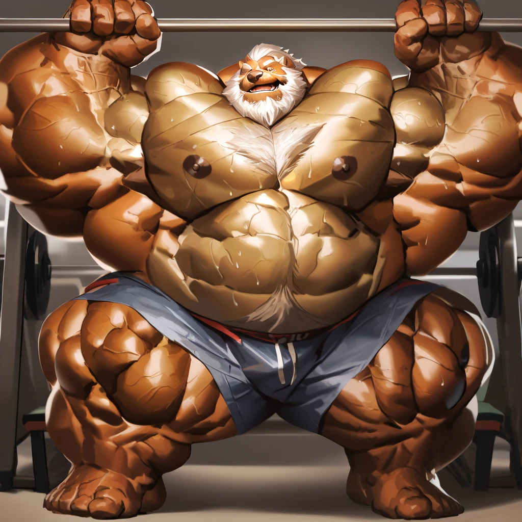 traditional market, side view, extremely huge muscular, massive muscular, full-body, well-muscled old man, sitting on box, nude, shirtless. ((extremely muscle size, super thick arms, huge pec, extremely wide pectoral , huge arms)). and add details to make it attractive and interesting. Add textures and details to make the image more realistic, such as the appearance of the shirt texture and the appearance of the skin. Make sure the resulting image is high resolution, 8K quality."