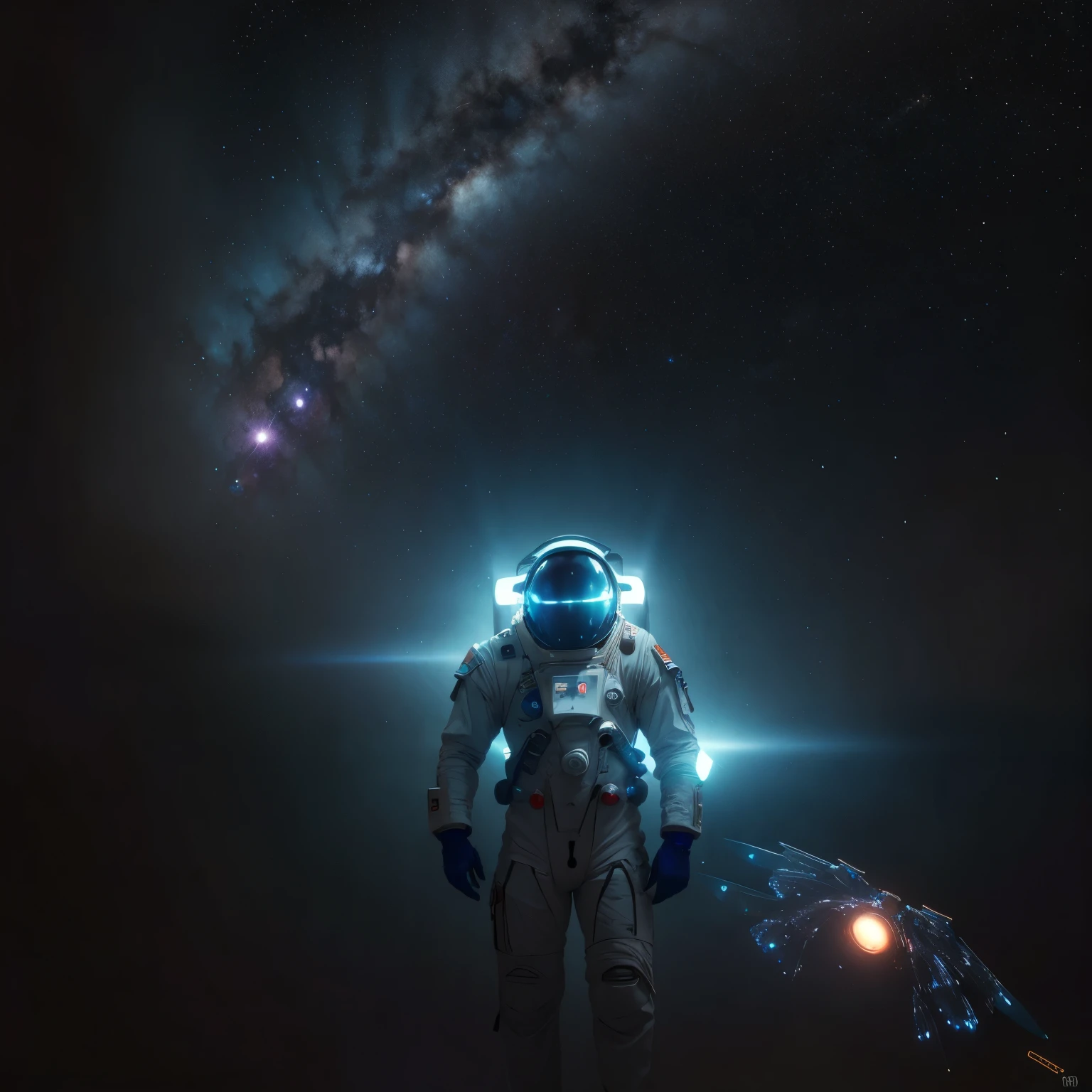 a futuristic sci-fi space suit, astronaut in space suit, floating in outer space, nebula clouds, stars, glowing neon lights, cinematic lighting, 8k, highly detailed, photorealistic, dramatic lighting, sci-fi, concept art