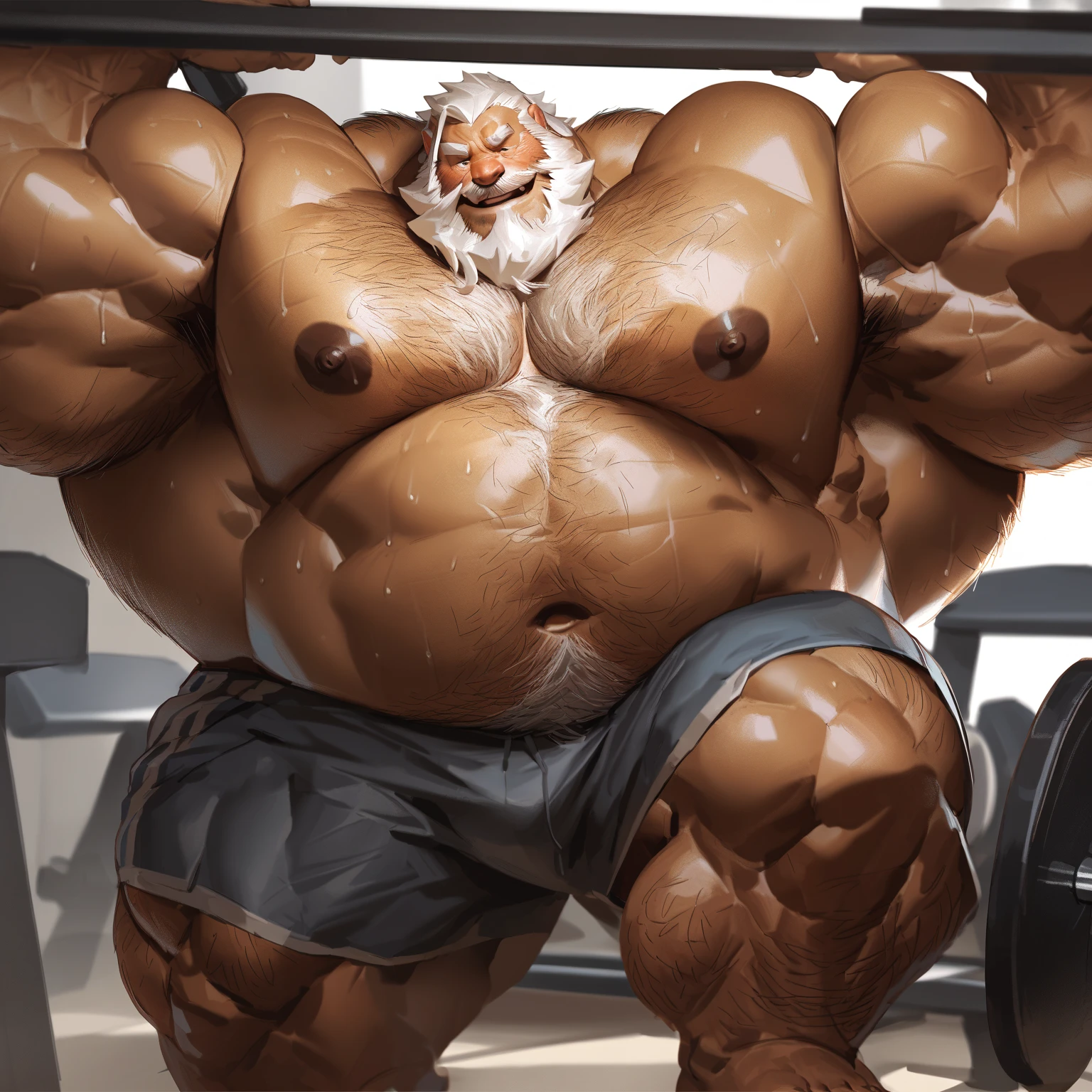 realistic, hyper realistic, detailed muscle, old man, long beards, thick mustache, good anatomy, masterpiece, art winner, gym, extremely huge muscular, massive muscular, full-body, well-muscled old man. ((extremely muscle size, super thick arms, huge pec, extremely wide pectoral , huge arms)).  and add details to make it attractive and interesting. Add textures and details to make the image more realistic, Make sure the resulting image is high resolution, 8K quality." (best quality,4k,8k,highres,masterpiece:1.2),ultra-detailed,(realistic,photorealistic,photo-realistic:1.37),dramatic lighting,chiaroscuro,atmospheric,moody,cinematic
