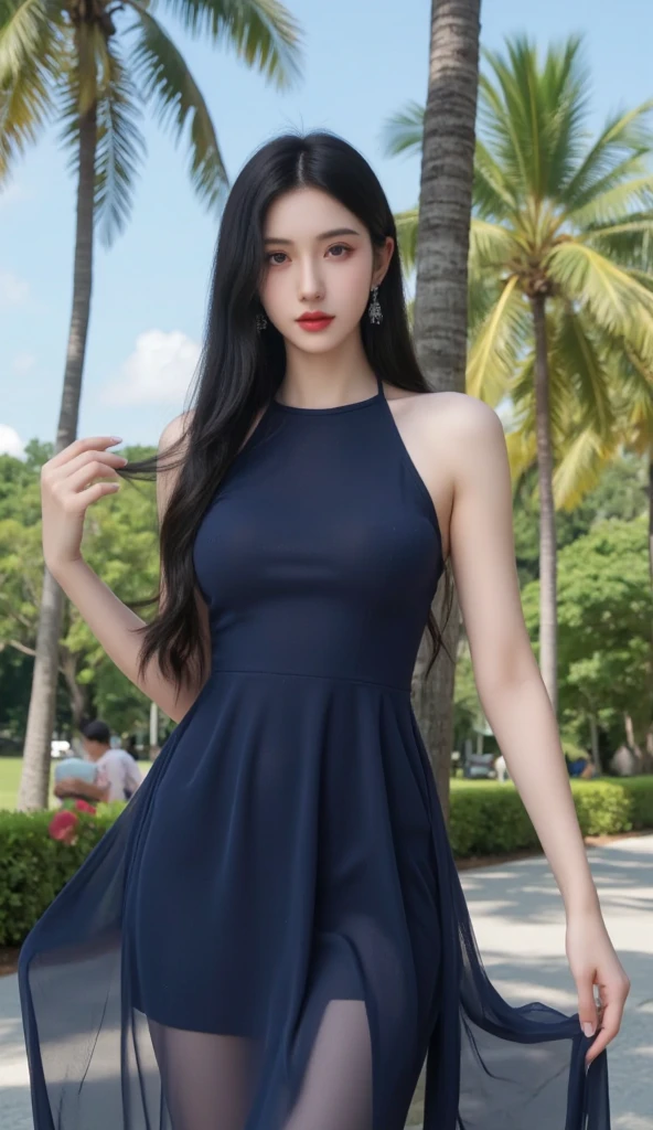(8k), (highest quality: 1.2), (realistic), (realistic: 1.37), ultra high resolution, 1 girl, cute, smile, closed mouth, beautiful details, beautiful nose, whole body, wet hair, giant dulcefo, pork, thighs, dark blue Dress,sleeveless dress,mini dress,beige natural pantyhose,seaside,少しだけthighsの肌が見える,