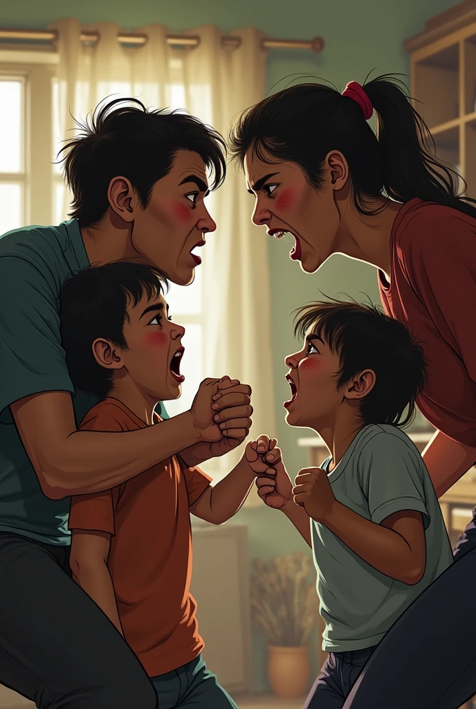 A Latino man yells at a scared woman in her low-income home and a is crying watching it