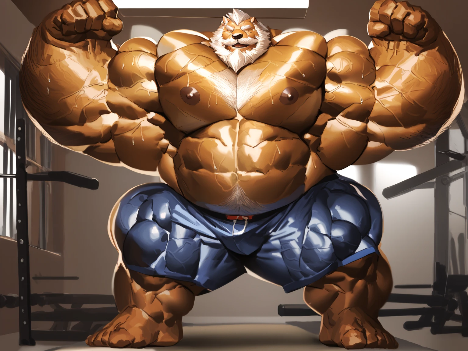 human nature, cannon, male, solitary, ((the strong,smart and masculine face,the most masculine daddy in the world,serious face)), ((huge tiger,super massive muscular,super masculine,being lifting weights)),eight-pack abs,Feet facing the audience,((in the gym)),daily clothes,Sweat:1.4,high quality, (4K,high quality, high resolution, masterpiece), cartoon,((by lindong,by magangz,by kusunagi)),sfw,live and clear eyes,have eyeballs