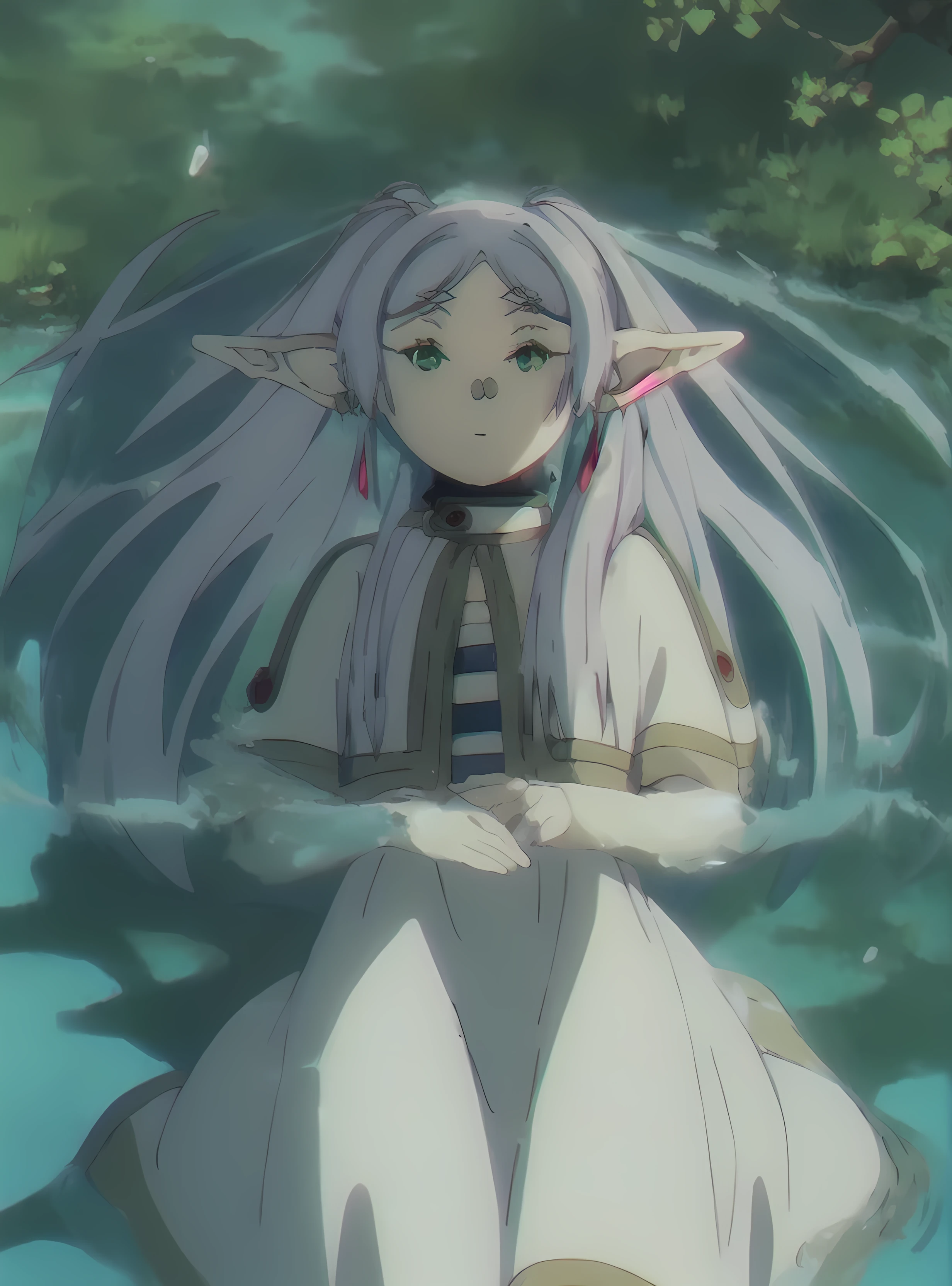  anime girl in white dress lying in water with trees in the background, ethereal anime,  white-haired divinity , in the anime movie, Anime girl lying on water , Today's featured anime , Anime film screenshot, daytime ethereal anime,  white hair floating in water anime visual of a cute girl ,  freeze  , She has elf ears and green eyes
