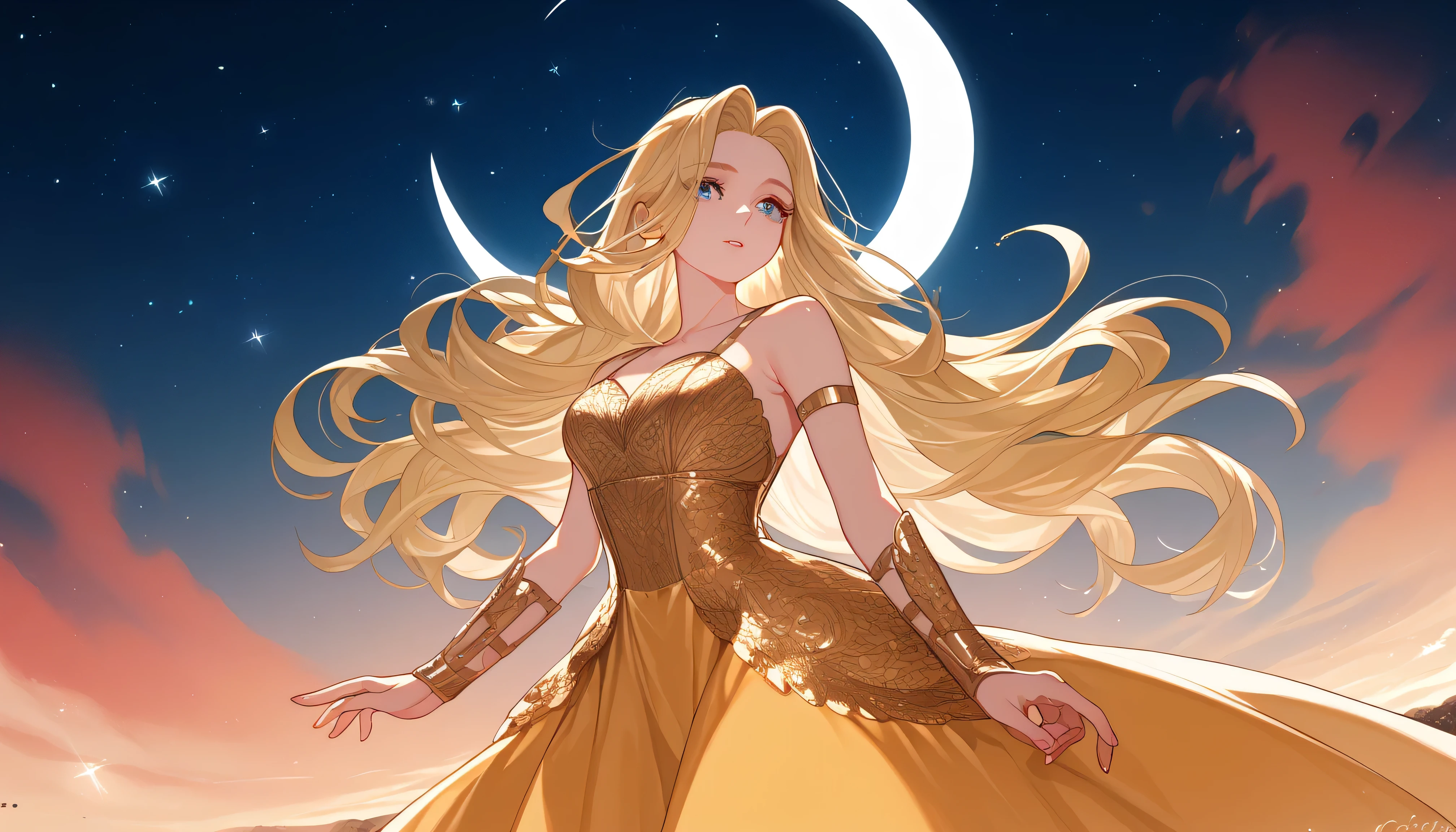 twinkling stars surrounding her. The scene is illuminated with magical lighting, creating a dreamy and ethereal atmosphere. The details of the dress and hair are intricate, and the overall mood is serene and majestic.A beautiful girl with long flowing blonde hair styled in elegant curls, wearing a shimmering golden dress. She stands in front of a crescent moon glowing softly in the night sky, with
(masterpiece,high quality,1 Vast landscape,standing,)