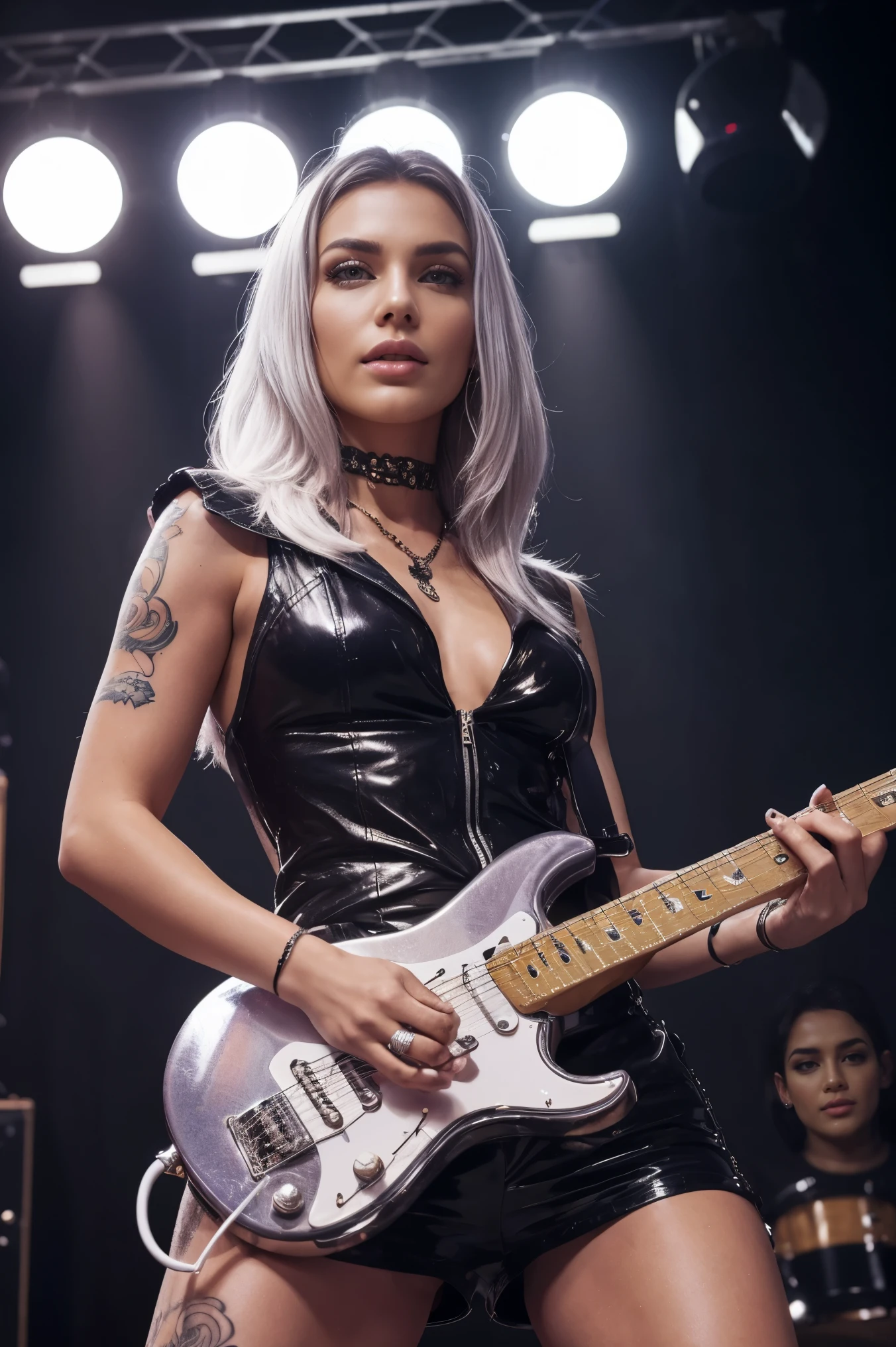 Women Playing Electric Guitar on Live Stage、 Silver Hair、 tattoo、 punk rock、 Exposing House Stage Outfit 、 proportions、 flashy makeup、Night Live 、 Wide Open Chest Outfit 、Powerful expression、 sexy costume 、