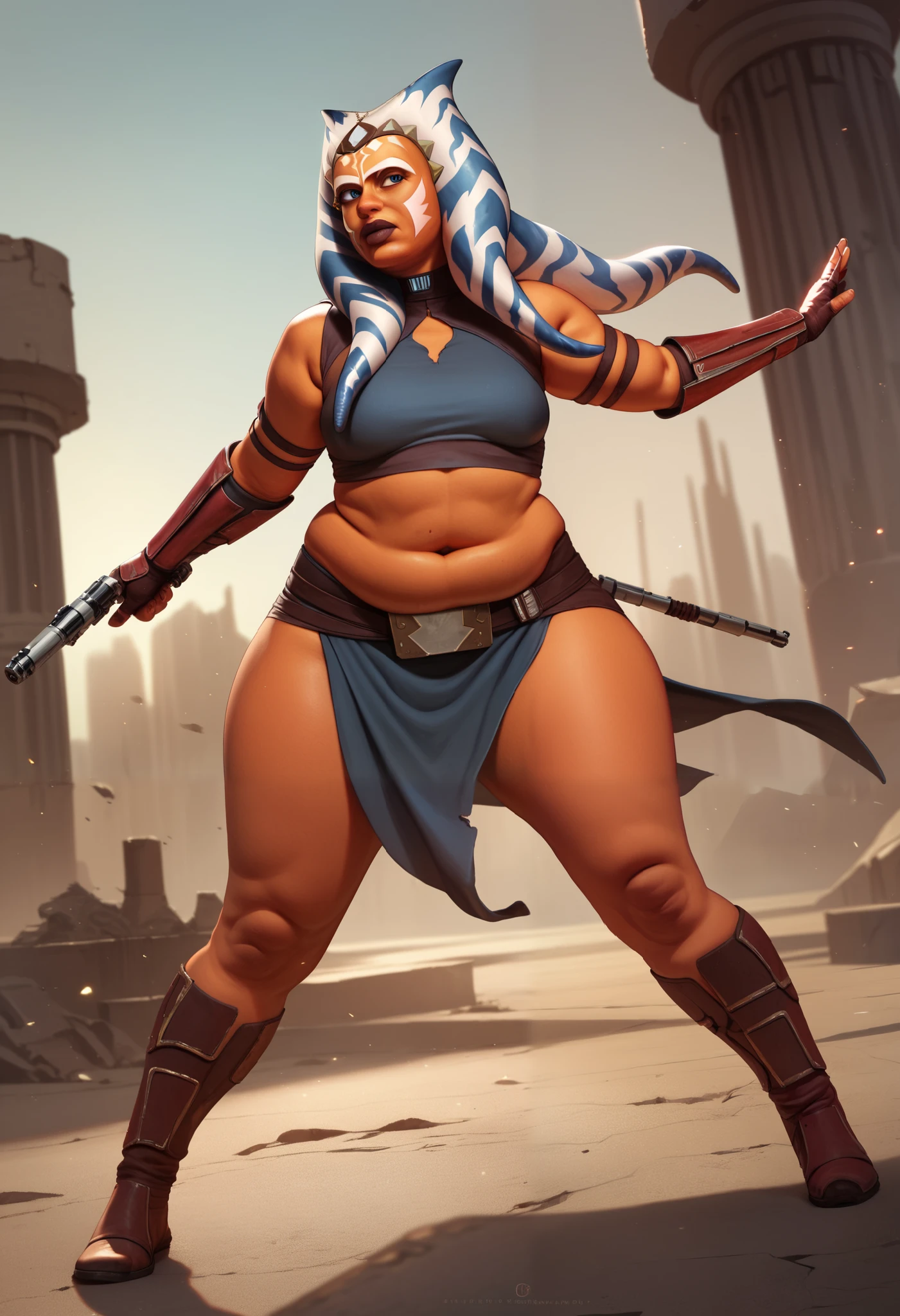 Ahsoka tano Star Wars on ruins of war two fighting lighting saberes versus sovietic, chubby, wide hips, full outfit,