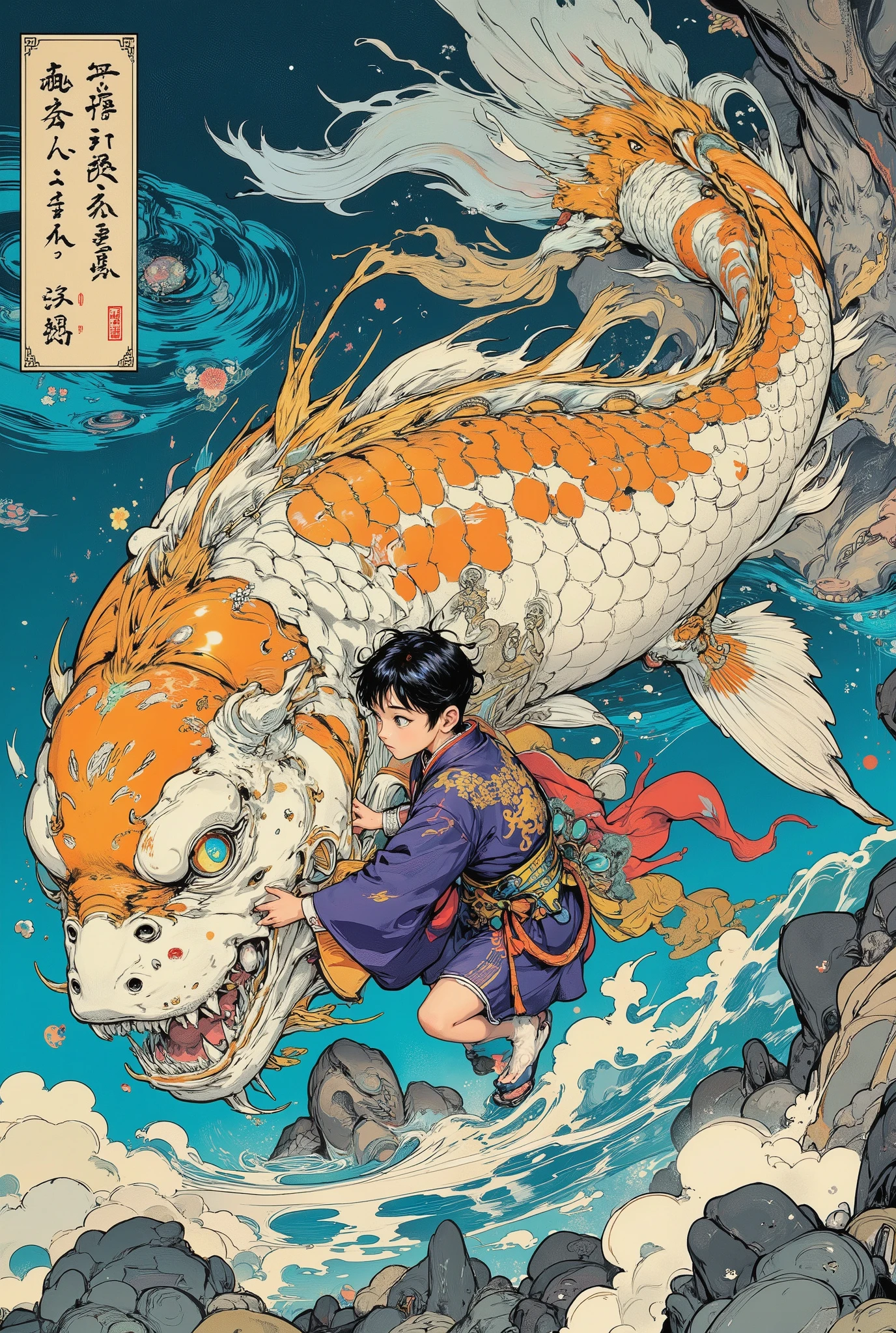 A boy in traditional Japanese clothes sits astride a carp. A huge white and orange stylized carp with detailed golden scales, large neon transparent intelligent eyes and beautiful transparent silver fins and tail. A boy hugs a fish or clings to it, he is dressed in purple national clothes with a yellow pattern.  hugs a fish or clings to it. Transparent azure water with noticeable ripples In the upper left corner is a cartouche or panel with an inscription in Japanese and small floral or floral motifs. The overall color palette is muted, with blues, browns and grays, and shades of red and yellow in clothing and details. A sense of fantasy, myth, and cultural heritage. Ukiyo-e style image.