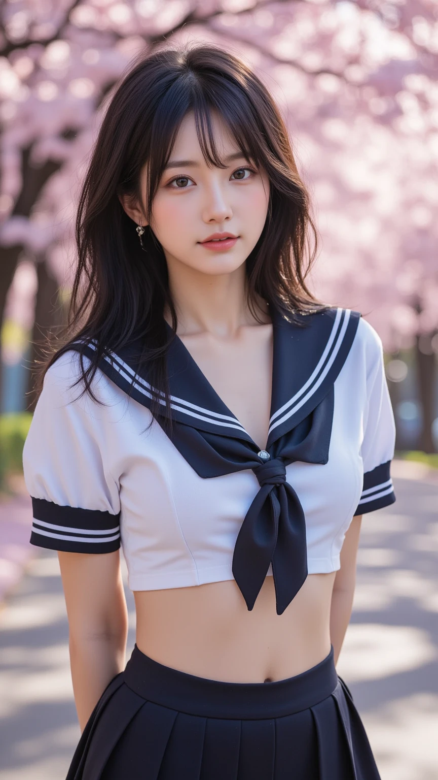 (((very heavy chest))),NSFW, 16k raw photos, highest quality, masterpiece, ultra high resolution, ((She is wearing Beautiful exposed redShe is wearing (a high school sailor uniform).
(navy sailor collar:1.4),(white shirt:1.4),(navy pleats skirt:1.4),(navy bow:1.4))).movie, 1 girl,((attractive expression)),eyes shine、 looking at the viewer, natural skin texture very heavy chest))),((( metal black ribbon around the neck))).star handle mold、((yellow eyes)),Realistic eye and face details, lip whole, lipstick makeup), fluffy ponytail hair, laughter, Beautiful feet, tall woman, ((glowing skin)),((Beautiful armpit)), slim_feet, huge breasts, cleavage, beautiful natural places, beautiful flower garden、(detailed background,highly exposed, huge breasts, blurred background,, JK ribbon on the neck, jk ribbon, golden hair, bracelet, water, bangs, split your lips、armpit、beautiful hip line、glowing skin、(((eyes shine brightly))),lotion skin、High leg、((black hair)),highly exposed、Skimpy pink luxury fur coat、beautiful sea background、wind effect、