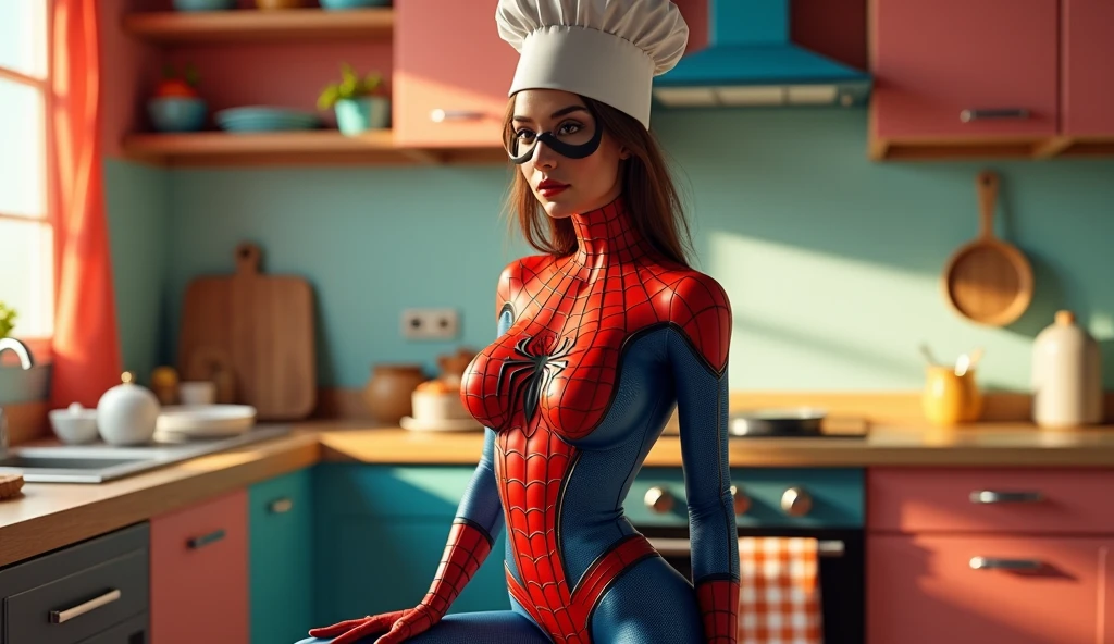 Young woman wearing thin-framed round glasses, red hair, ((wearing spider-man-themed colan)), (big chest, 18-year-old girl, gorgeous)), with large breasts. Photorealistic face, realistic, realistic eyes, smile. Themed kitchen background with lots of birthday cakes. ultra realistic model. --auto --s2