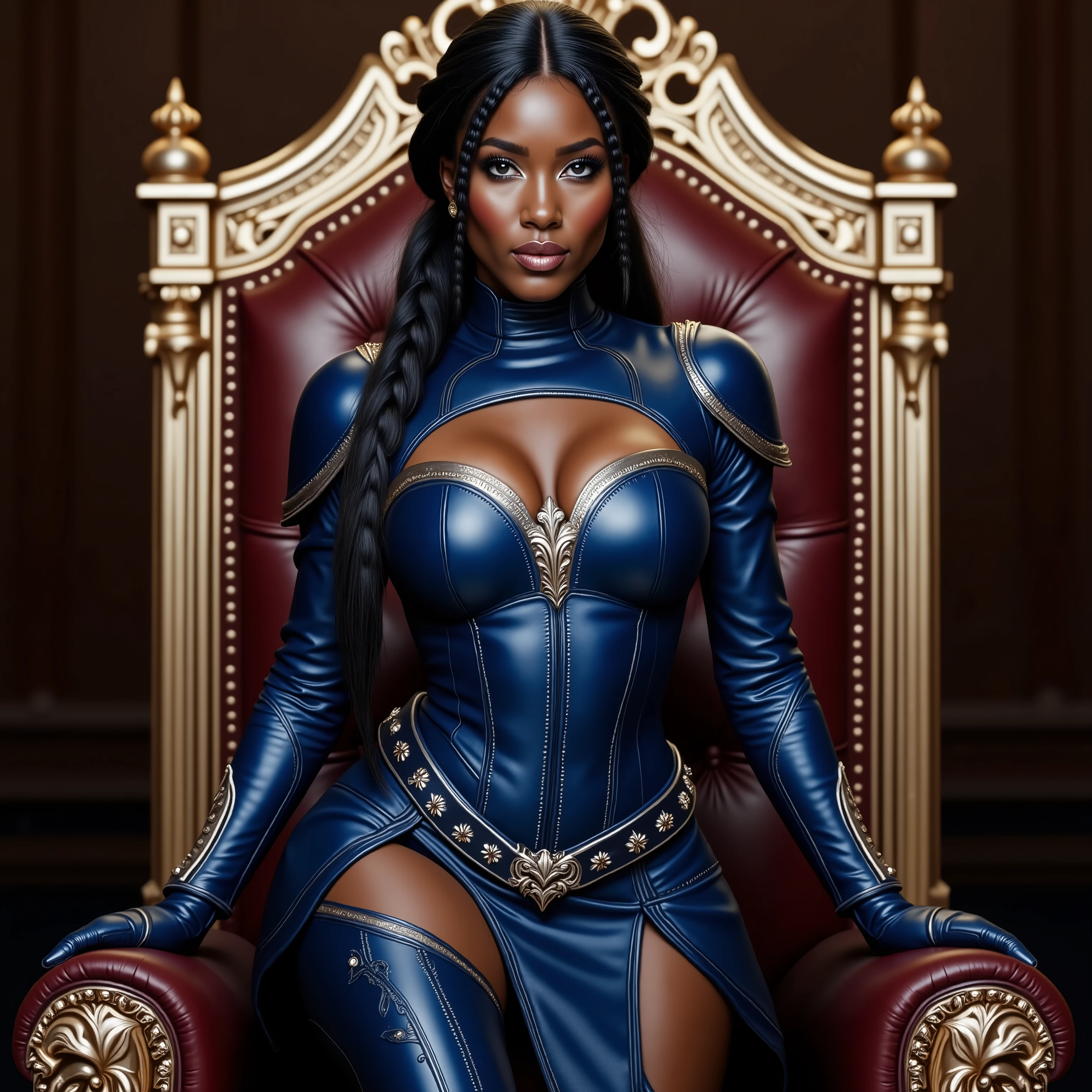 Tall Dark Skinned Woman, Long Black Braided Ponytail, Brown Eyes, Large Breasts, Long Legs, wide hips, Thick Thighs, Voluptuous Build, wearing a Blue armored Leather Dress with Silver accents, Blue Leather thigh high boots with Silver accents, Blue Leather Elbow Gloves with Silver accents, Standing in a throne room