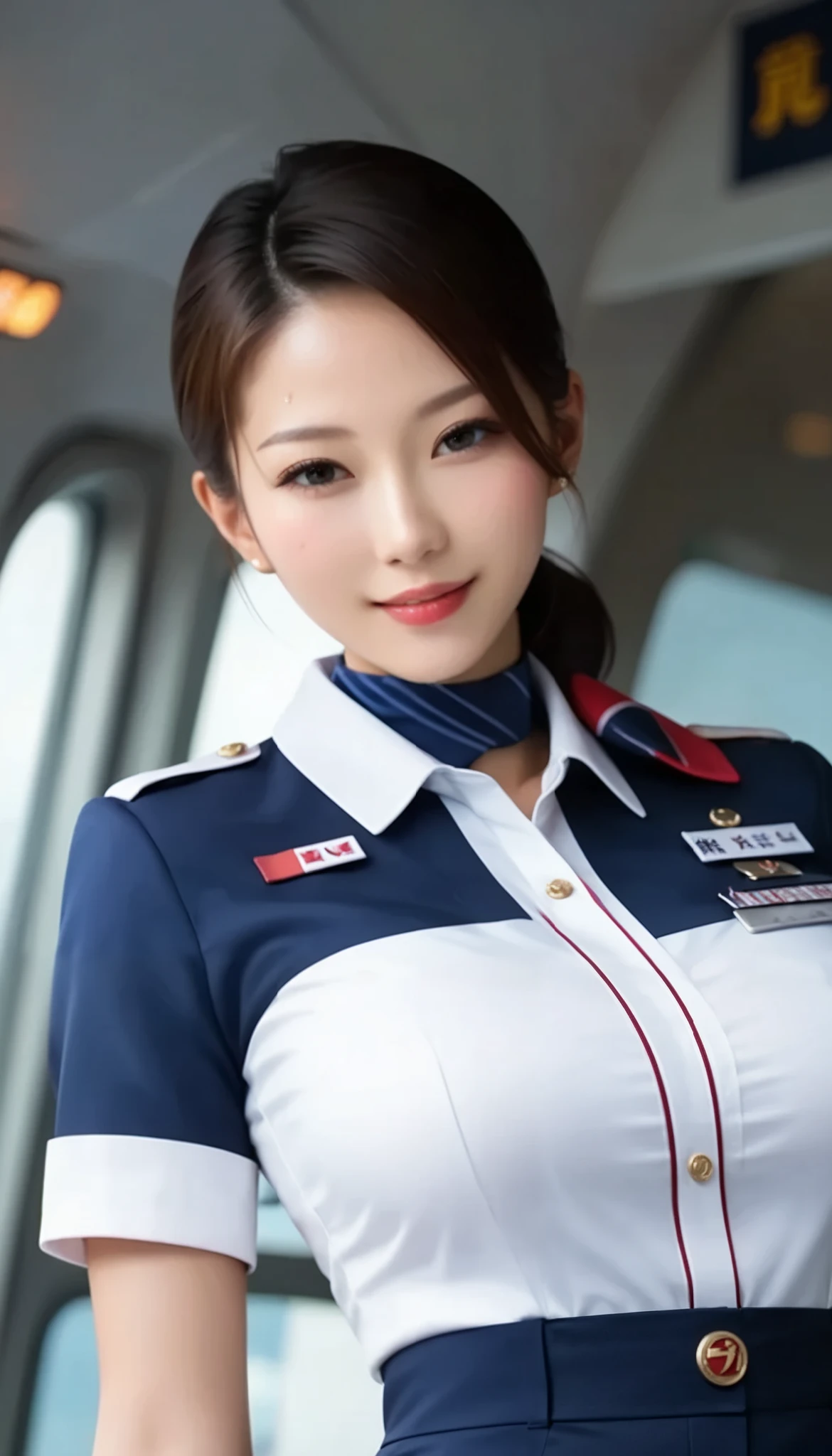 (((( Masterpiece)))), (((( Top Quality)))), top quality, Super quality, 16k, unbelievably absurd, very detailed,32K, ((close up)) ,oconnor , depiction of a face expressed in great detail, Detailed Eyes 、Detailed faces、Hair drawn down to the smallest detail 、 、 Sparkling Skin、 、sweat、, Japan Airlines Flight Attendant , Skin-fitting uniform , , Knee-length Tight Skirt 、 black stockings with hidden thighs , Low heels、((, (Uplifted and well-defined bust:1.2), (lifted chest:1.2), (perky breasts :1.2) , ((I'm sleeping on my back on my back in a hotel bed:1.6))、sexy and bold poses、Actions