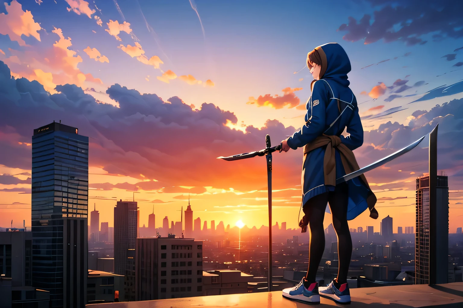 A masterpiece， best quality photo， official art， 8k wallpaper ，  extremely detailed ， illustration， 1 number， modern attire ， sneakers shoes ， Hands fall naturally ， hooded jacket ， on the top of a building looking out at the city , beautiful sunset ,  with two swords in the back at waist height