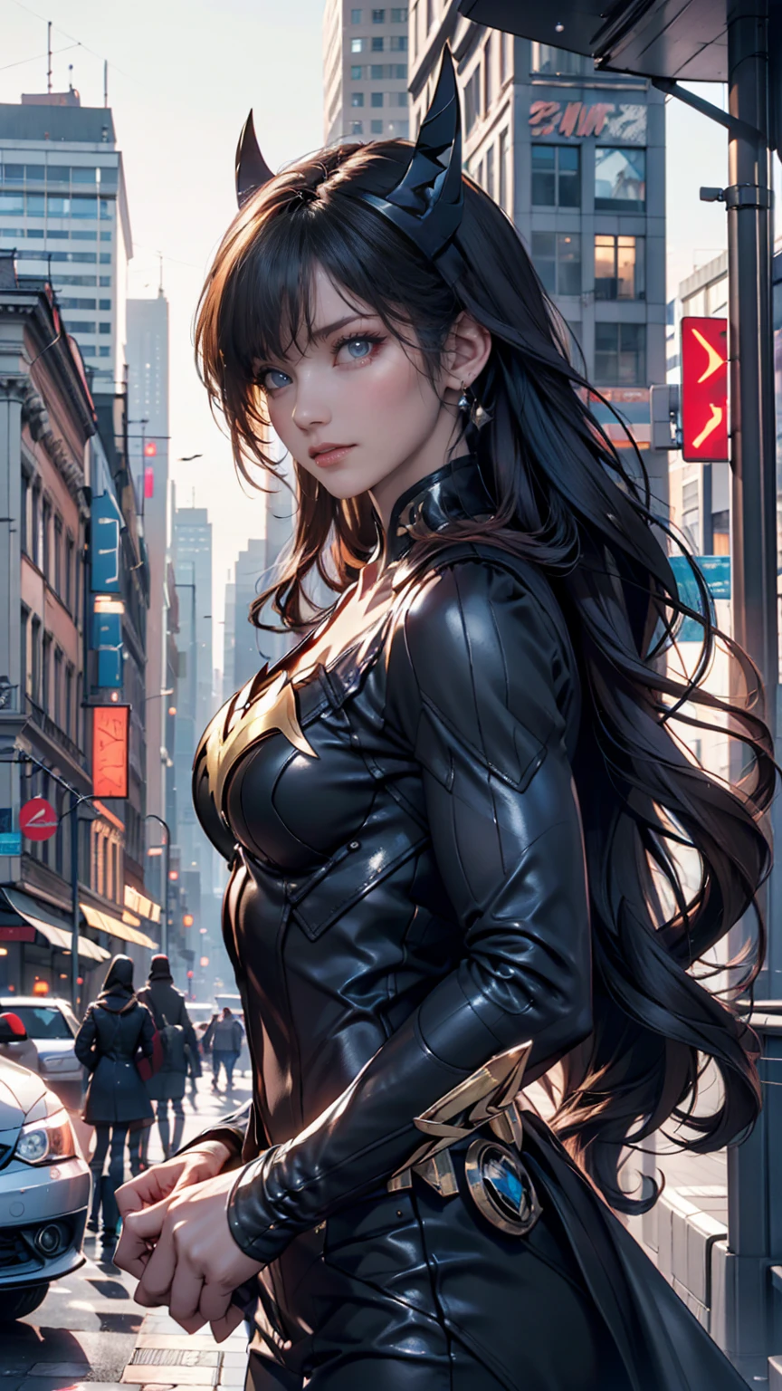 a beautiful woman with long black hair, wearing a tight black dress, standing holding a pistol, aiming the barrel at the bad guys, on a tall building, the sun is setting, close up.