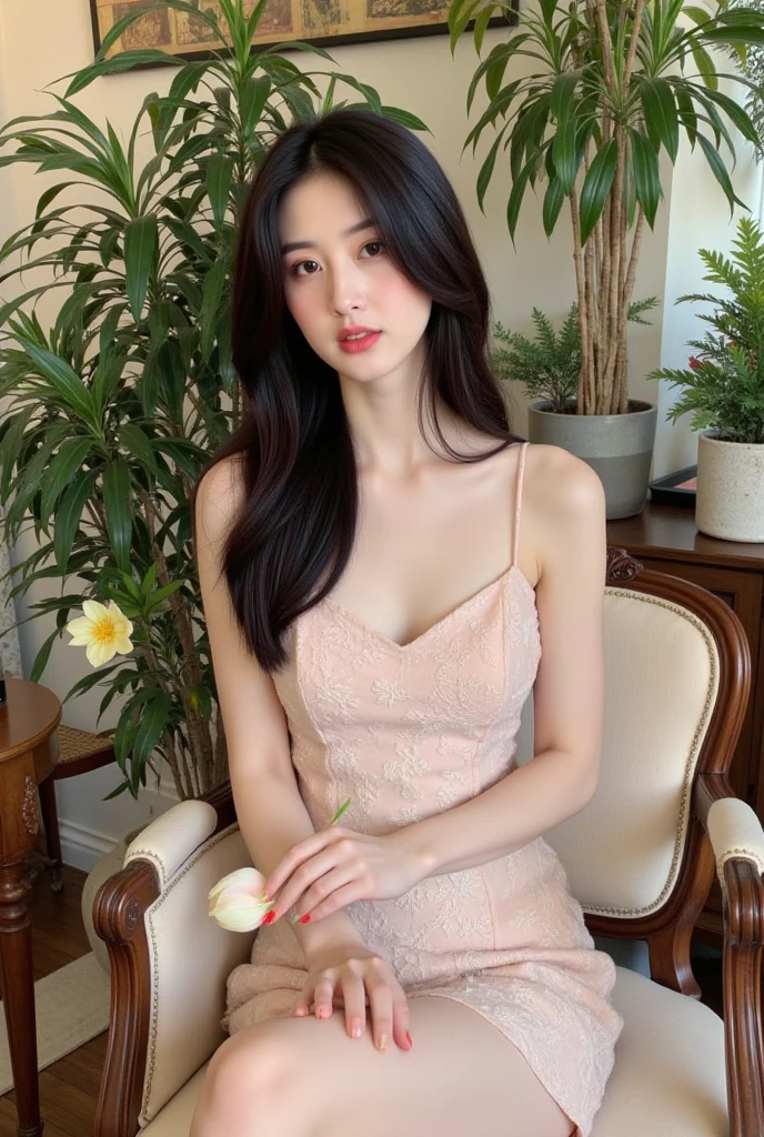 (((top quality, 8K, masterpiece: 1.3))), (lens flare), (((full body shot))), (indirect lighting), (((from the side))), (((lip make up :1.4))), (((being pick and put on lipstick))), (((reflect same char in mirror : 1.4))), (((looking in the mirror closely :1.3 ))),((1 woman, 25 years old, kpop idol, solo), (beauty: 1.4), (Low nose bridge and narrow nostrils : 1.2), (faint smile : 1.6), (gorgeous appearance : 1.4), slim body, realistic skin, (black medium hair : 1.3), (Strapless mini dress, long legs, see-through pantyhose, choker necklace, precious metals, bracelet, earring, high heel)), (Make-up room, wardrobe, stool, powder room), ((Lower your upper body and stick out your buttocks)) , very detailed look, very detailed lips, detailed eyes, sharp gaze, beautiful pupils, Clear eye line, abundant eyelashes, double eyelid, detailed fingers, detailed legs, perfect body proportions, natural anatomy, cosmetics pouch, Powder, lipstick, cosmetics, Nail art, feminine accessories