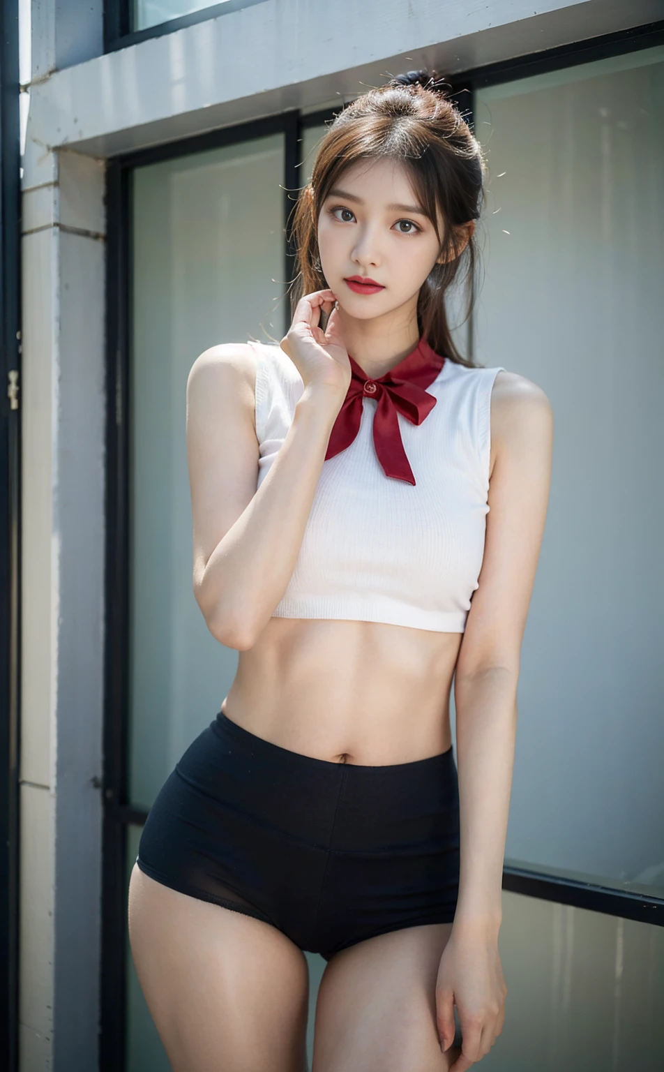 (masutepiece, Best Quality:1.2), 8K, 15yo student, 85 mm, Official art, Raw photo, absurderes, White dress shirts, Pretty Face, close up, Upper body, violaceaess, gardeniass, Beautiful Girl, School uniform, (Navy pleated skirt:1.1), Cinch West, thighs thighs thighs thighs, Short sleeve, on train, Sit on a bench seat, Looking at Viewer, No makeup, (Smile:0.4), Film grain, chromatic abberation, Sharp Focus, face lights, clear lighting, Teen, Detailed face, Bokeh background, (dark red necktie:1.1)
