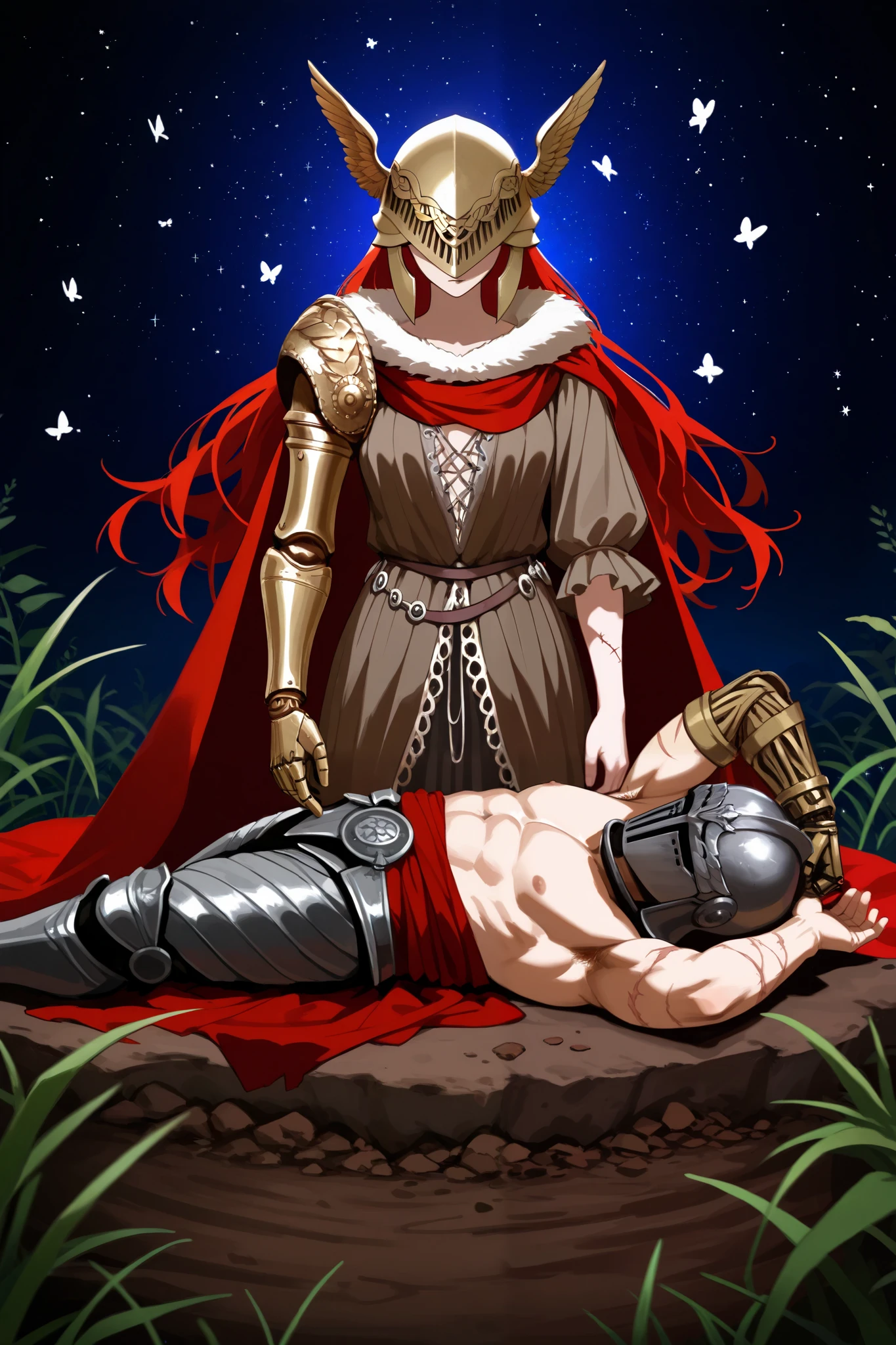 wide shot,score_9, score_7_up, lap pillow, lying, standing, approach the camera slowly,
1girl\(malenia_blade_of_miquella\), cursed_left_arm,
winged helmet,
red cape,
right hand grip large blade,malenia_blade,
covered eyesarmor, cape, winged helmet, brown dress, red hair, covered eyes, helmet, fur trim, brown dress, red cape, armor, single scar on arm, single mechanical arm, LetMeSoloHer, pot helmet, topless male, 1boy, covered face,dw01-3400, Rotten earth, rotten soil, rotten plants,very many Red and pink small butterflies are flying around her, dhevv:led,starry light,