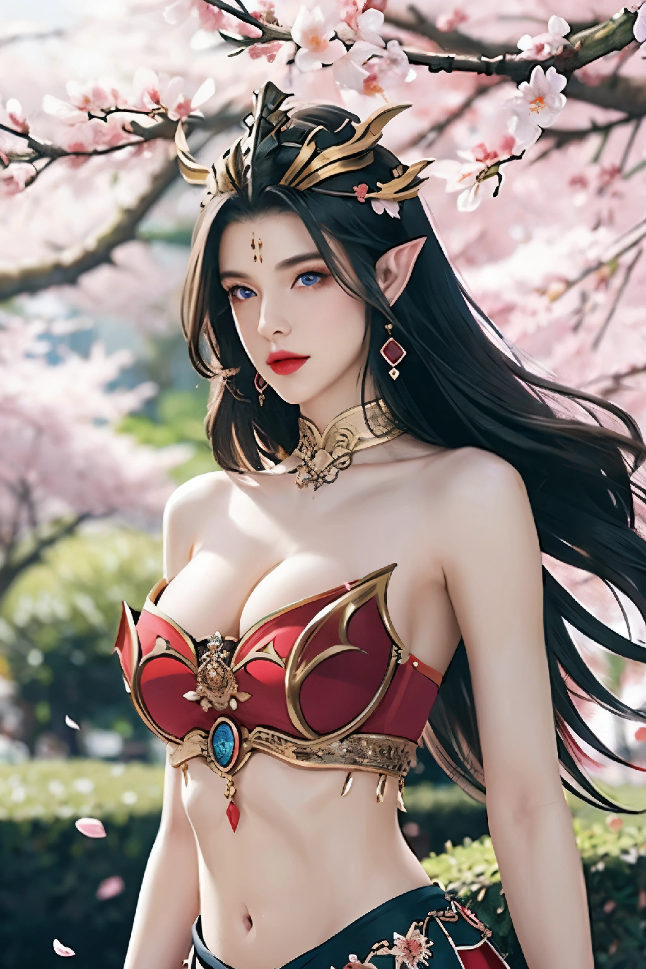 1 girl, long hair, jewelry, solo, pointy ears, navel, black hair, earrings, upper body, hair ornament, blue eyes, falling petals, red skirt, tube top, petals, skirt, bare shoulders, hand in own hair, midriff,cai lin, large breasts,shiny skin,(mature female),milf, background: around the garden surrounded by Sakura trees with fluttering sakura petals.