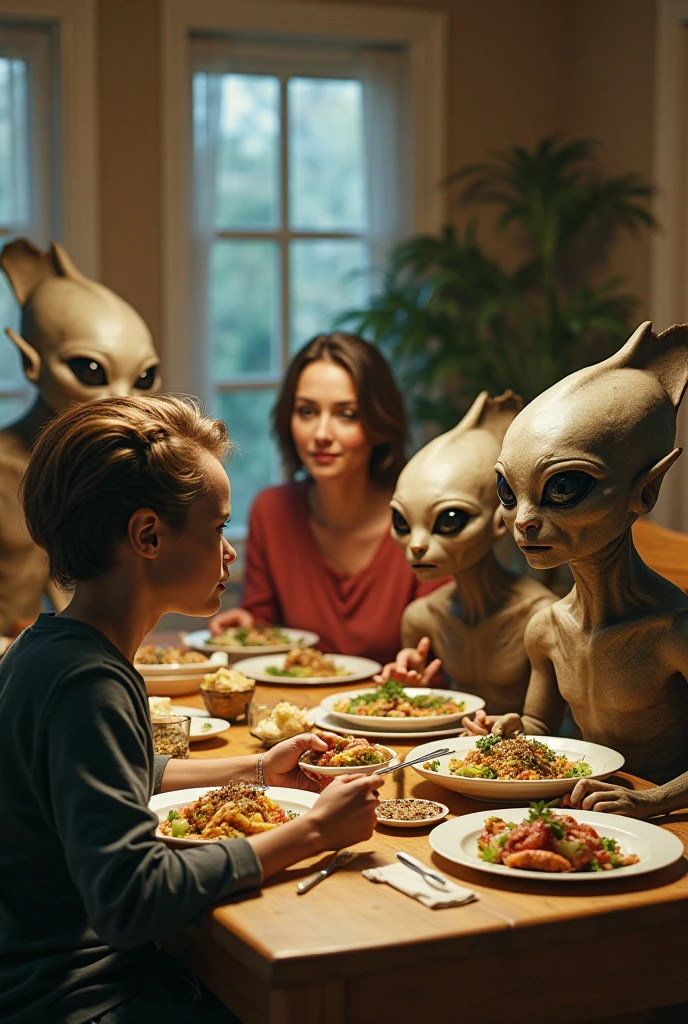 A hyper-realistic 4k alien, waving with large detailed expressive eyes, eating Thanksgiving Turkey dinner at a long table with human friends, highly detailed, cinematic lighting, volumetric fog, dramatic composition, photorealistic, intricate details, vibrant colors, seamless blending, masterpiece