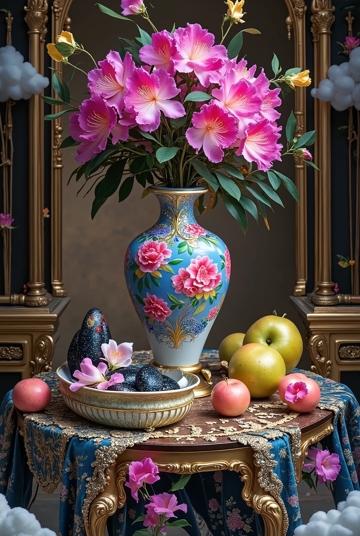 masterpiece composition A wide bouquet of roses and mussels in Chinese jugs with a picture on a wooden table and on a table, an embroidered tablecloth and large apples and pears lie and the price falls firmly on their side and the soil is soft oil paint
