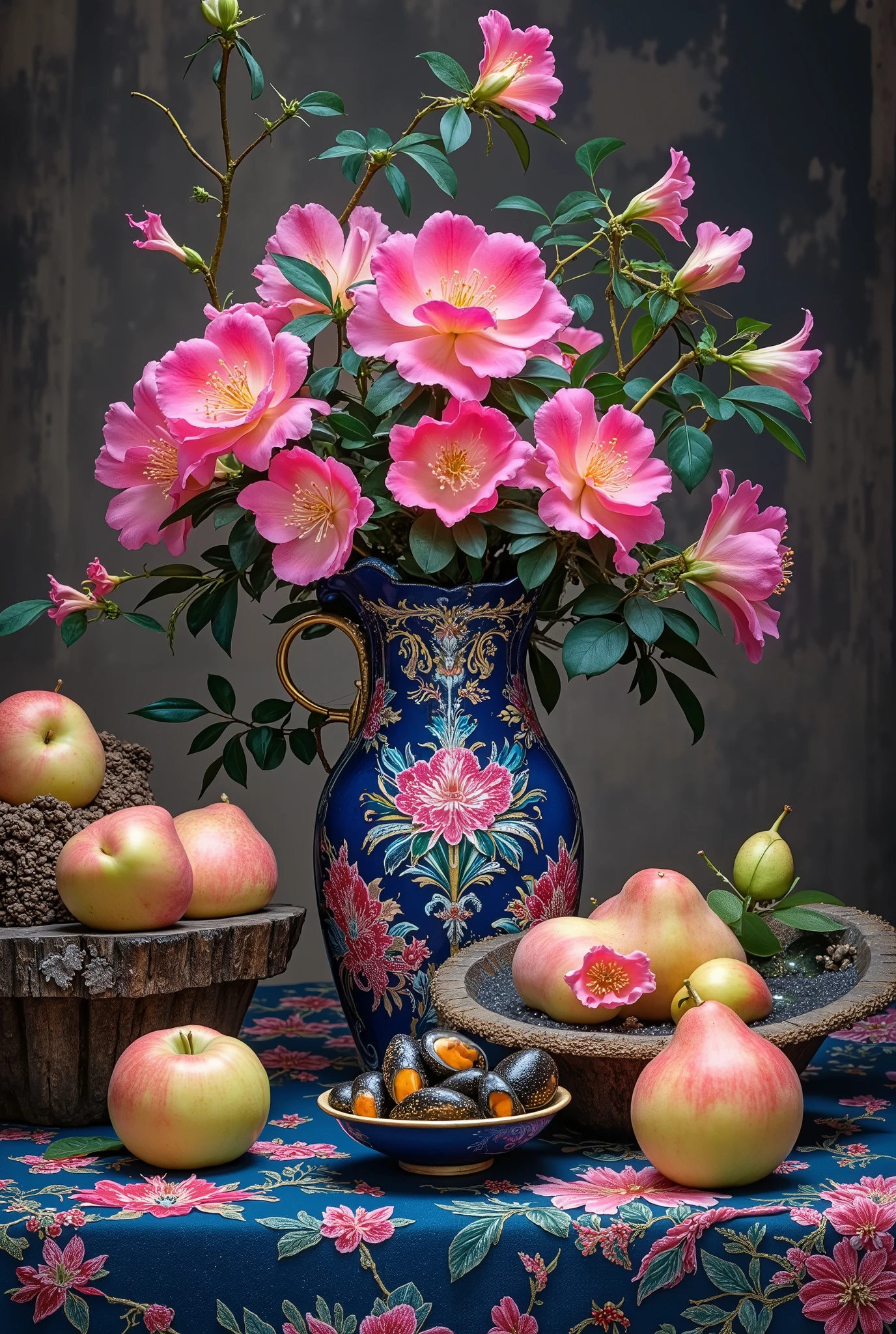 masterpiece composition A wide bouquet of roses and mussels in Chinese jugs with a picture on a wooden table and on a table, an embroidered tablecloth and large apples and pears lie and the price falls firmly on their side and the soil is soft oil paint