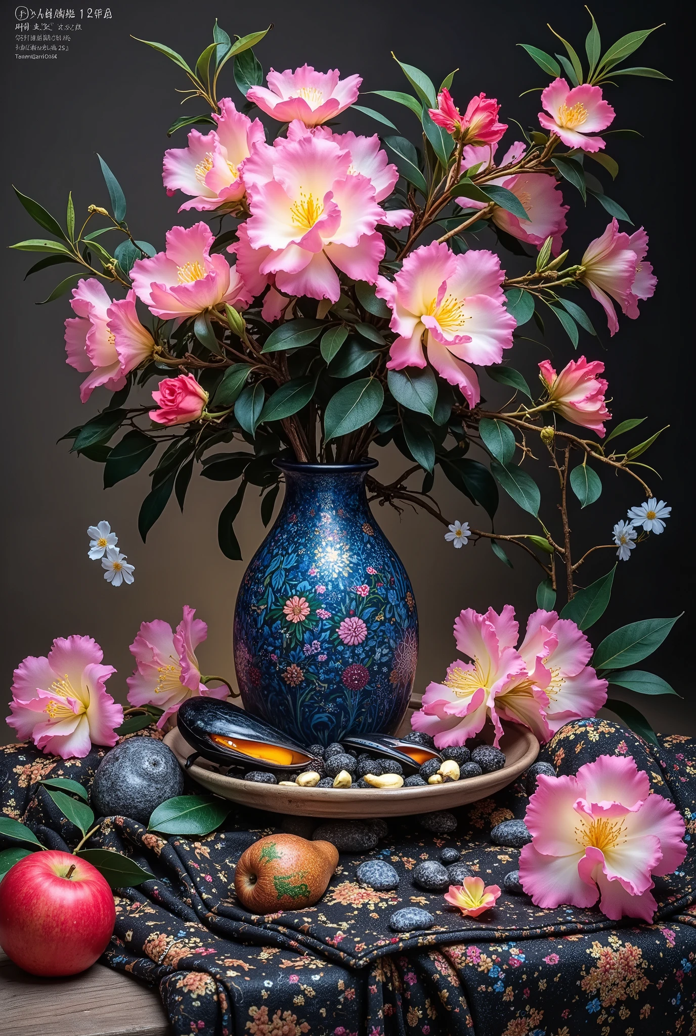 masterpiece composition A wide bouquet of roses and mussels in Chinese jugs with a picture on a wooden table and on a table, an embroidered tablecloth and large apples and pears lie and the price falls firmly on their side and the soil is soft oil paint