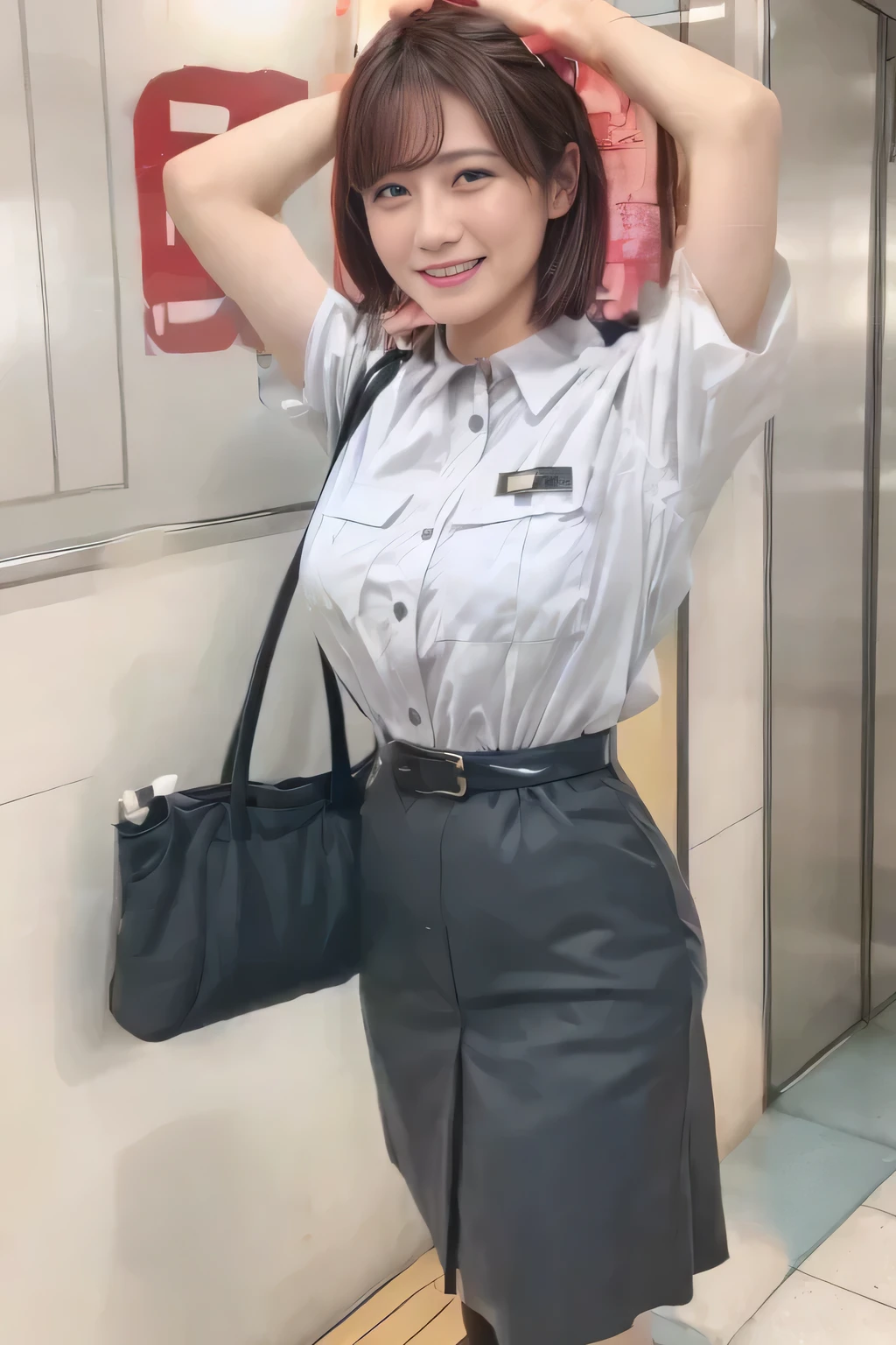 ( Masterpiece:1.2, Top Quality :1.2), 32kHDR, Hi-Res、( Daytime building roof 、 Professional Lighting)、Building rooftop background、( Tokyo subway woman crew uniform )、( Tokyo subway woman crew uniform blouse short sleeve 、 above knee culotte skirt、 waist belt )、(Long brown hair )、( bun hair with hair tied together )、 thin legs、(( amazing hands:2.0)),((harmonious body proportions:1.5)),((Normal limbs:2.0)),((The usual :2.0)),(( Delicate Eyes:2.0)),((Normal eyes:2.0)))、(Tokyo Subway woman crew uniform above knee culotte skirtを見せた美しい立ち姿) 、 with their hands crossed under their bodies 、 Shy smile