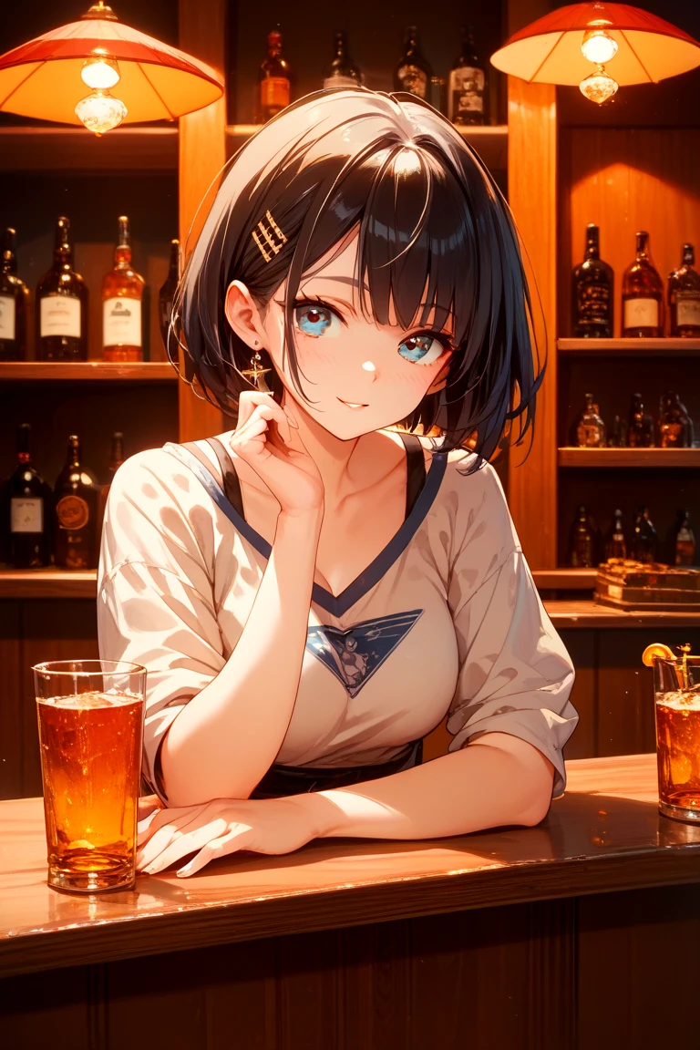 Vegeta, Dragon Ball Z, Anime, Masculino, roupas casuais, segurando uma bebida em um bar, cool expression, foco nítido, Physically-based rendering, vivid colors, dynamic  lighting, bar counter, atmosfera escura, Drink at the counter, barman ao fundo, subtle smoke from drinks, neon lights, traje casual, perspectiva detalhada do interior do bar, Colorful cocktails, luzes brilhantes, design de interiores elegante, Dawn setting, Energetic and vibrant atmosphere, estilo de arte anime, cabelo perfeitamente estilizado, Roupa meticulosamente desenhada, attention to clothing details, Attention-grabbing pose, postura poderosa, sombreamento requintado, dragon symbol on clothing, Eye-catching color scheme
