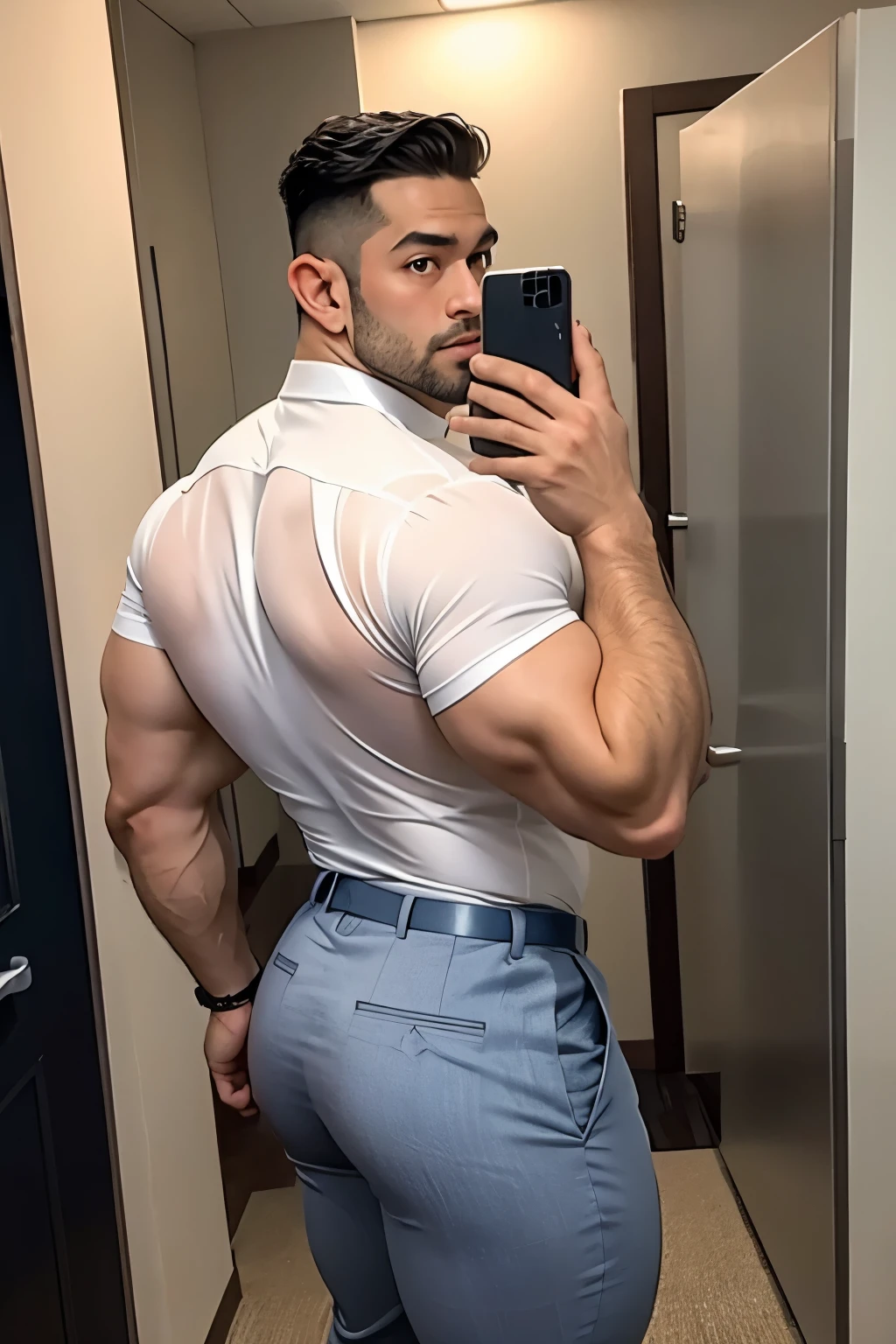 40-year-old boy Japanese muscular male in transparent white formal shirt......... short haired, bearded, wearing navy blue shiny trouser ...........gooning seductive expression.................... dripping on body and pants...................., arching back............... looking back to the camera. [[ huge big unrealistic butt,]] hairy legs.................. muscular thigh......................close up on butt........low angle camera looking up at body........... in locker room........
