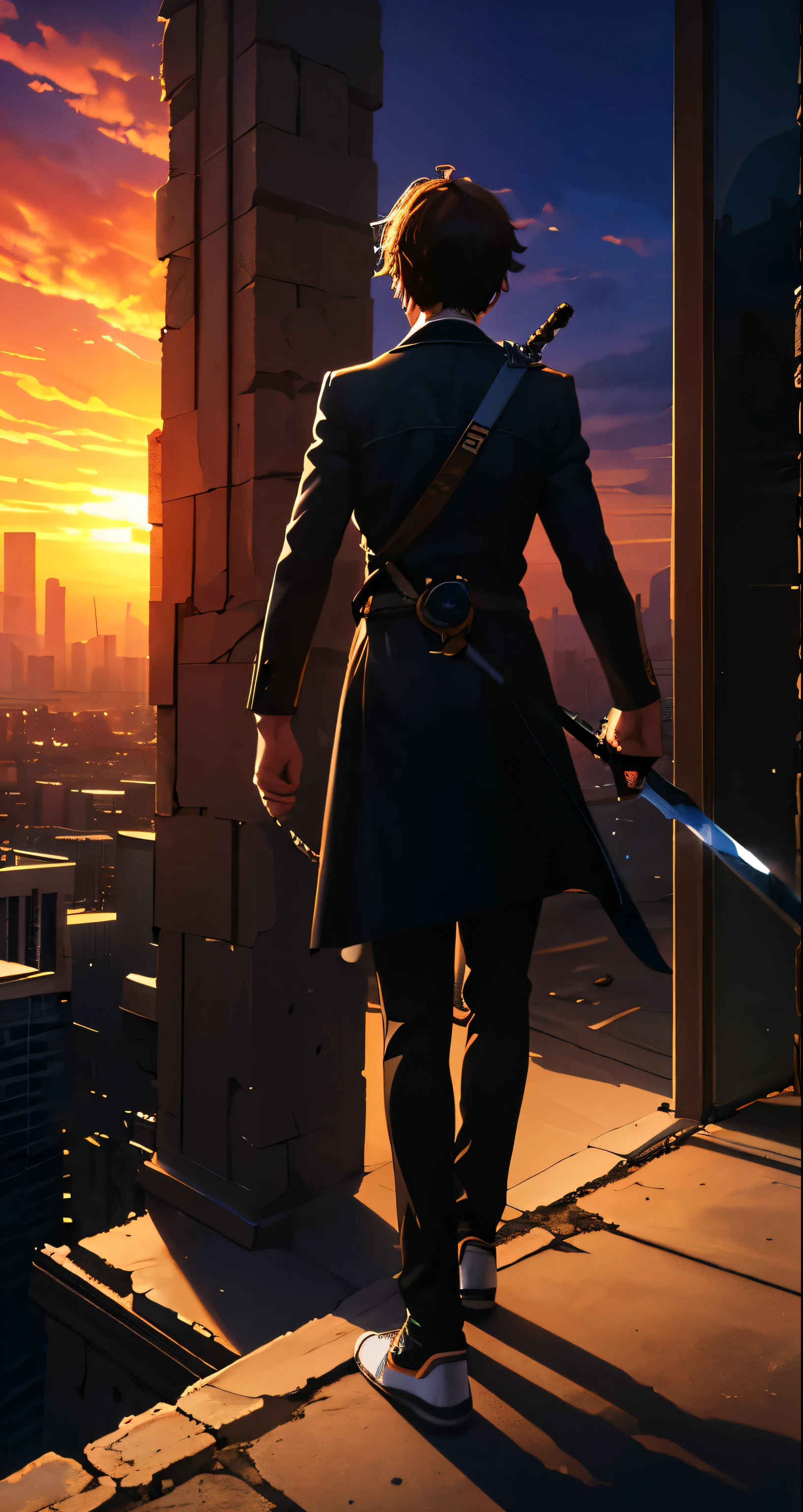 A masterpiece, best quality 8k, extremely detailed , illustration, 1 number, modern attire , sneakers shoes , Hands fall naturally ,Open black , on top of a building looking at the city, beautiful sunset , two large swords in the back , centered on men , turning his back on the spectator, perfect anatomy