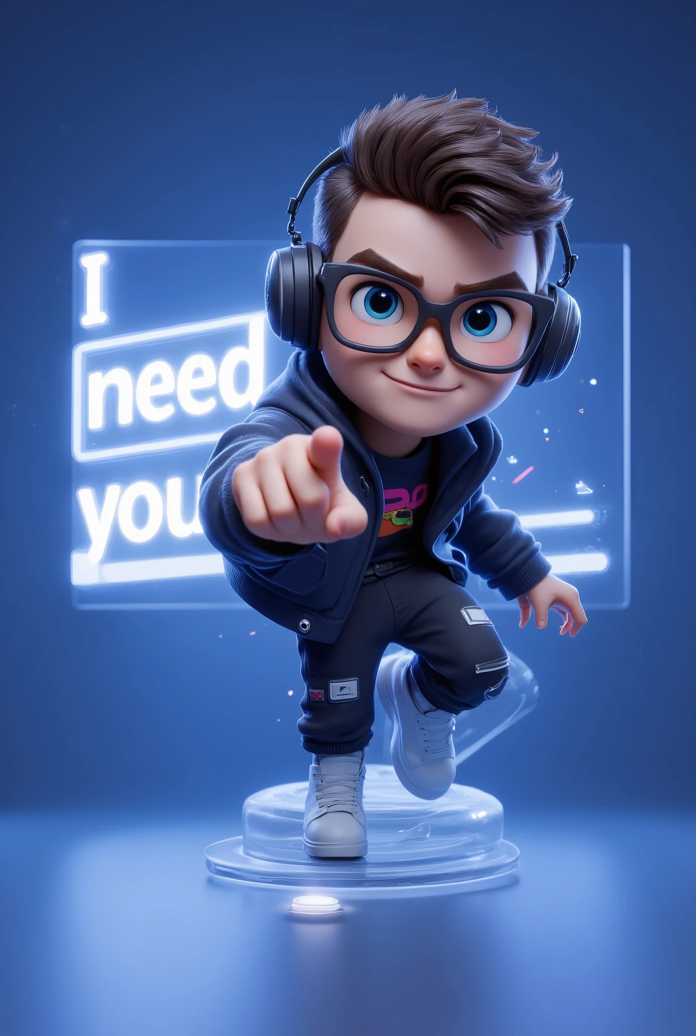 A dynamic 3D cartoon-style character with edgy clothing, wearing oversized headphones, sleek glasses, and a stylish jacket. The character points directly at the camera with a confident and slightly smirking expression, leaning forward to emphasize a dramatic perspective effect. The scene features a bold, clean blue-toned background with subtle neon glow accents and soft gradients, giving it a modern and futuristic vibe. The words 'I need you!' appear in bold, glowing text beside the character. Cool lighting highlights the character's sharp features and adds depth, while faint sparkles and reflective elements enhance the stylish, polished look