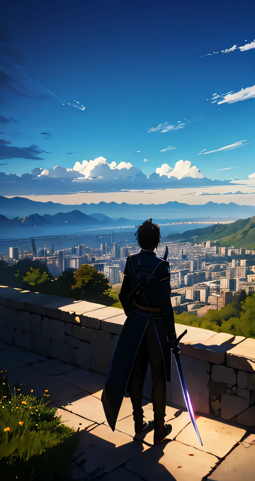 A masterpiece, best quality 8k, extremely detailed , illustration, 1 number, modern attire , sneakers black shoes , Hands fall naturally ,open large black , on the top of a mountain looking at the city, sunny day, two large swords in the back , centered on men , turning his back on the spectator, perfect anatomy, with great detail on the swords