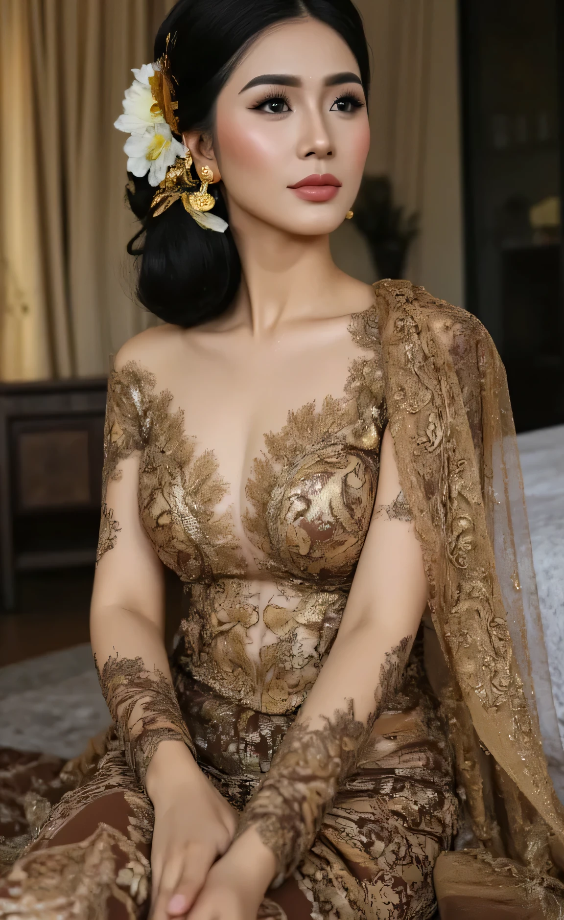 (Masterpiece: 1.2, Best Quality), Realistic, (Realistic Picture, Complex Details, Depth of Field), Best Quality, Masterpiece, Highly Detailed, Realistic, 1 old woman, indonesian old wife, aged 52, chest forward, saggy large breasts, thin lips, beautiful and seductive, curvy body, wearing cleavage kebaya , full body view, look at viewer, full photo, background bedroom, sitting pose on the floor