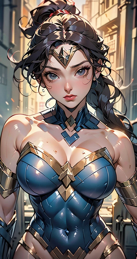 Wonder Woman in cyborg and cyberpunk look in an alley, de nuit, lit by neon lights.