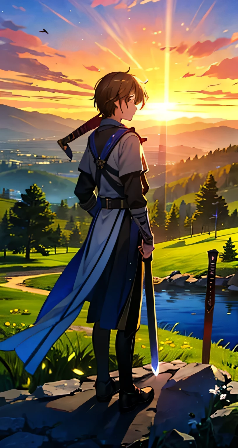 A masterpiece, best quality photo , 8K, extremely detailed , illustration, 1 number, fantastic outfits, black shoes, Hands fall naturally ,open large black , on the top of a mountain looking at the city, sunny day, two big swords , centered on men , turning his back on the spectator, perfect anatomy, with great detail on the swords