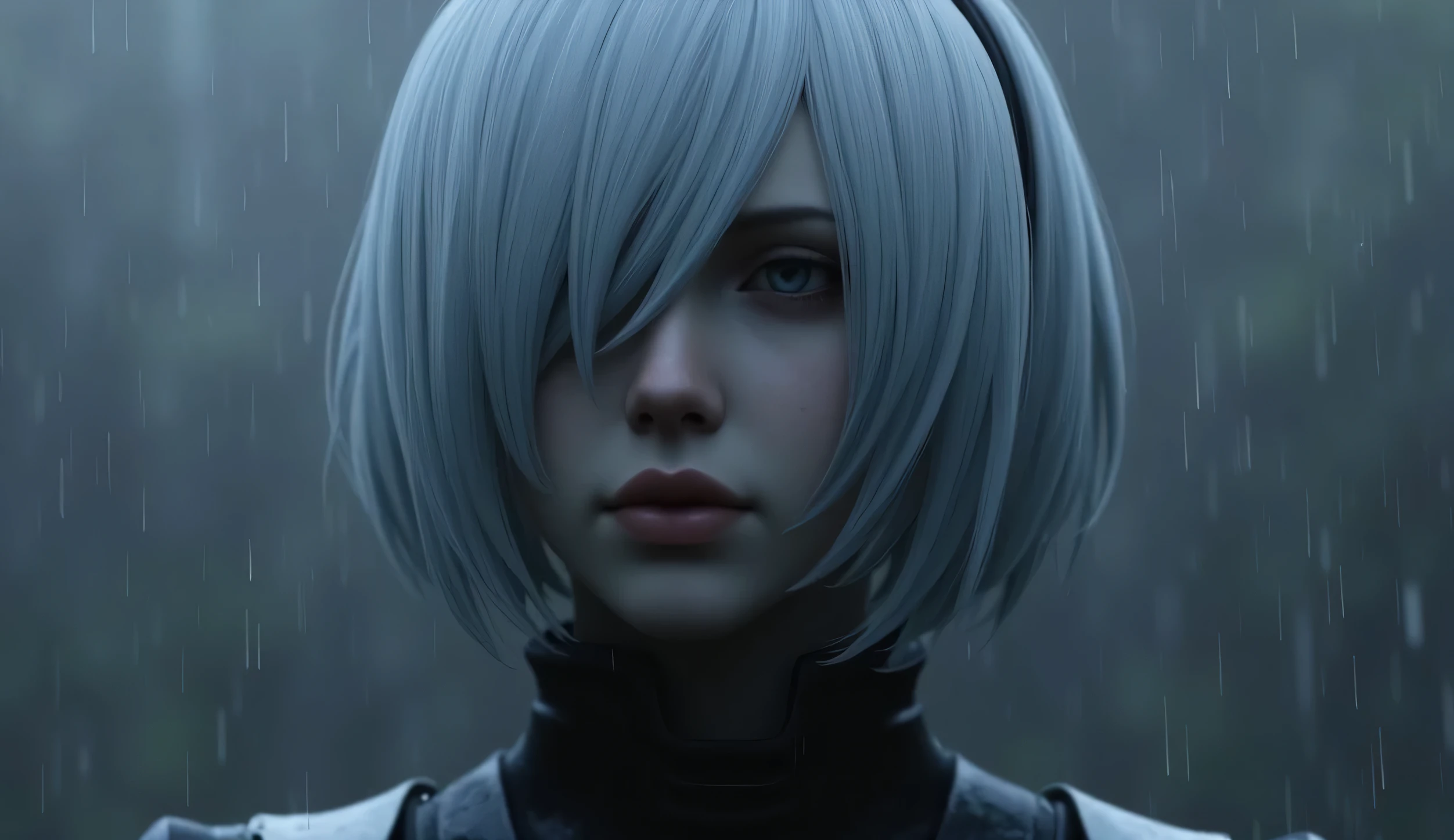Yeh raha ek prompt jo aap Stable Diffusion ya Midjourney mein daal sakte hain:

"Highly detailed, realistic portrait of 2B from Nier: Automata, standing alone in the rain, with a brooding expression. Focus on her face , with realistic textures and lighting effects. Muted and dark color palette, with shades of gray and blue dominating the scene."
