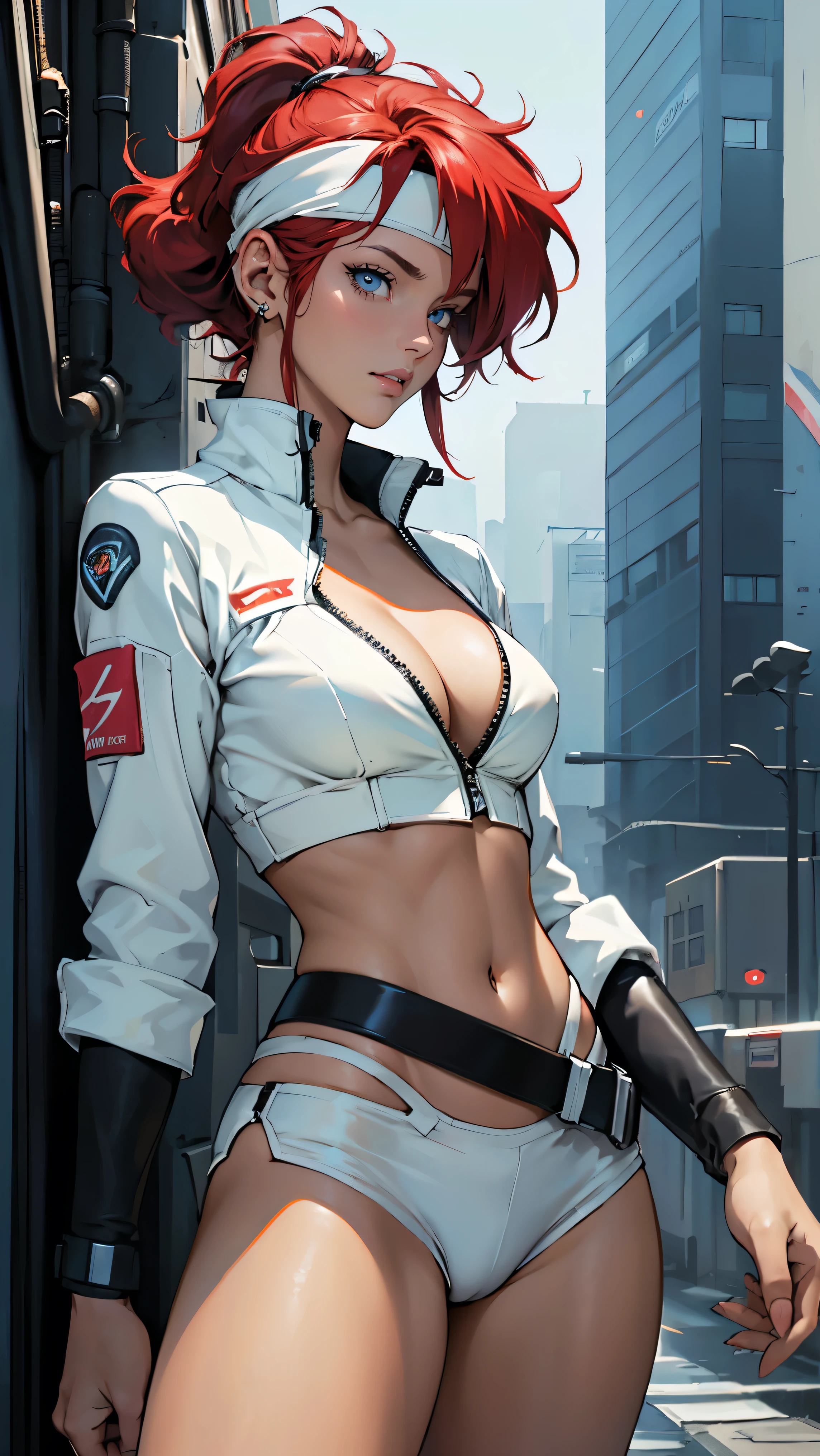 ((Masterpiece, highest quality; 1.3)), super quality, beautiful detail, super detailed, extra fine, 16K, exquisite, absurd, high resolution, beautiful background, detailed background, beautiful eyes, beautiful skin, anime style, Kay from Dirty Pair in a white outfit, tight outfit, cleavage, bushy redhead beauty, very light blue uniform, wearing tight clothes, skimpy, (mid chest: 1.2), cleavage, cleavage, slim waist , thin waist, slim thighs, thin legs, slim legs. thigh gap, showing stomach, skinny, thin hips, cyberpunk city background, holding retro space gun , headband,