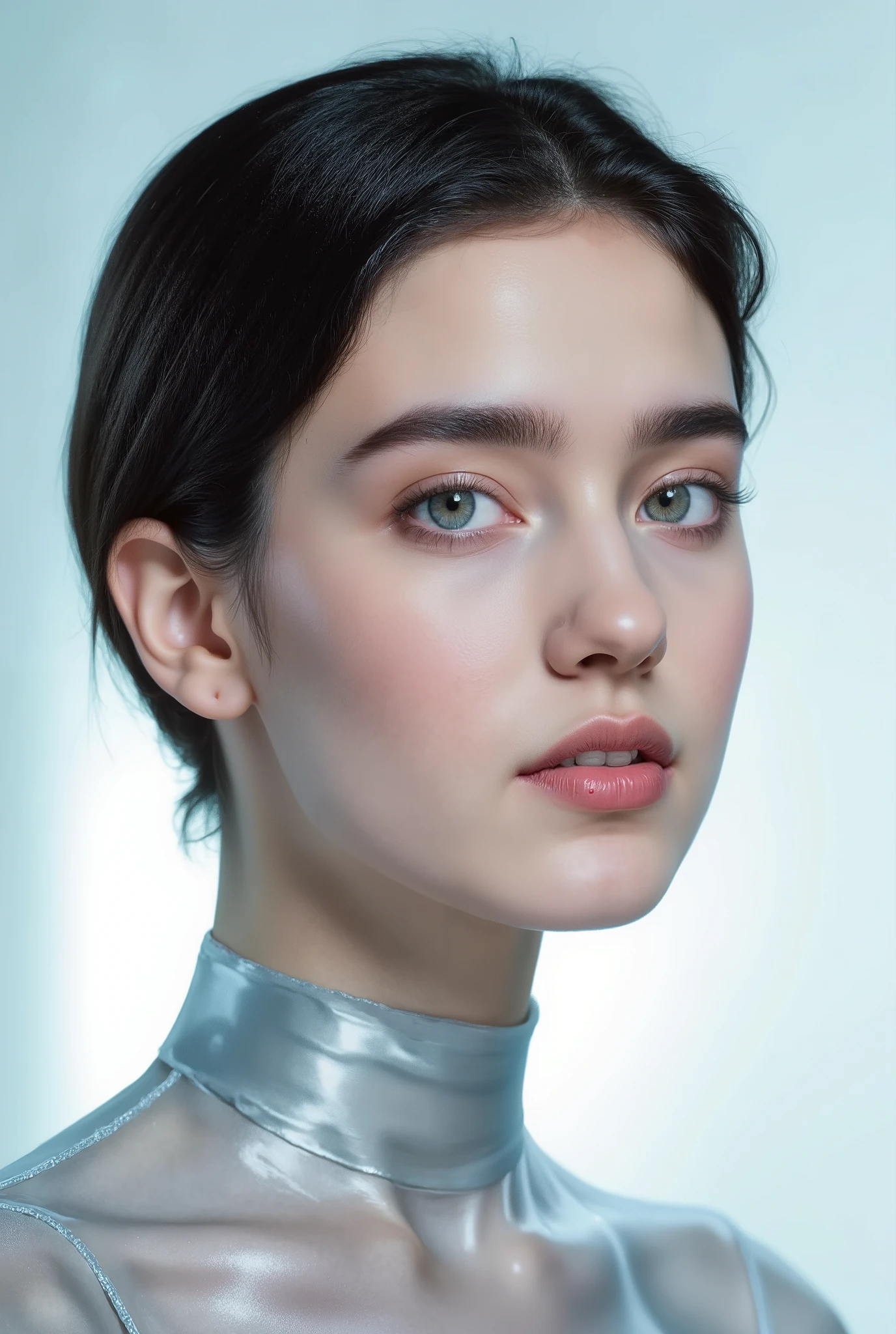 Surreal Portrait Painting,Dynamic and beautiful,Side close-up, transparent skin , immaculate skin , silver pupils ,银色金属质Feeling,Metallic Fluid Costumes ,Liquid Metal,水银质Feeling,Exquisite clothing,High and cold,Holiness,sacred, clean and simple background ,Cyber Style,未来Feeling,Stream of consciousness,hazy,Science Fiction,玻璃质Feeling,瓷制Feeling, surrealism ,Mourning,Depression,Feeling,银色金属质Feeling,Low saturation,氛围Feeling, masterpiece,Minimalist style,Dark fairy tale ,weird,Dream Core,advanced,hazy美,Bright,光Feeling, Matte Texture Painting , Silver Leaf Rock Color , silver rock paint ,笔触Feeling,肌理Feeling