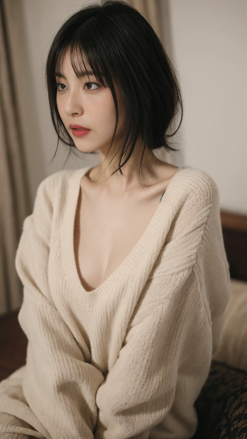 (Best Quality,8K、Photorealsitic,超A high resolution:1.2),(Beautiful face、Cute s),(big sagging breasts:1.5, nipple slip, wide nipple),(Sweaters),(Voluptuous)、small waist, skinny, bob cuts、livingroom